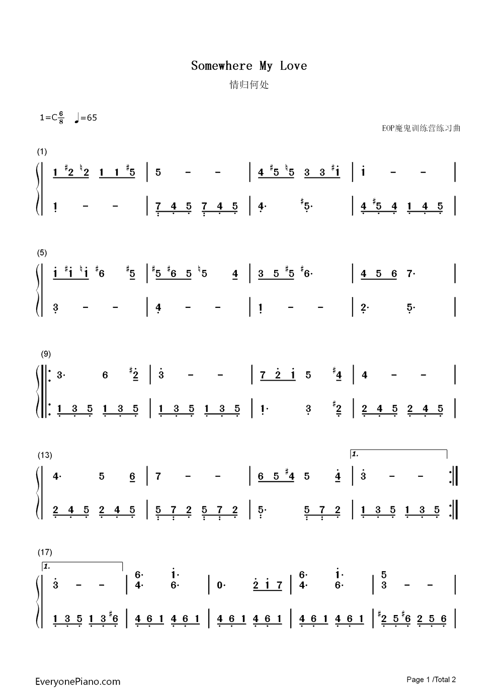 Somewhere_My_Love钢琴简谱_Connie_Francis演唱