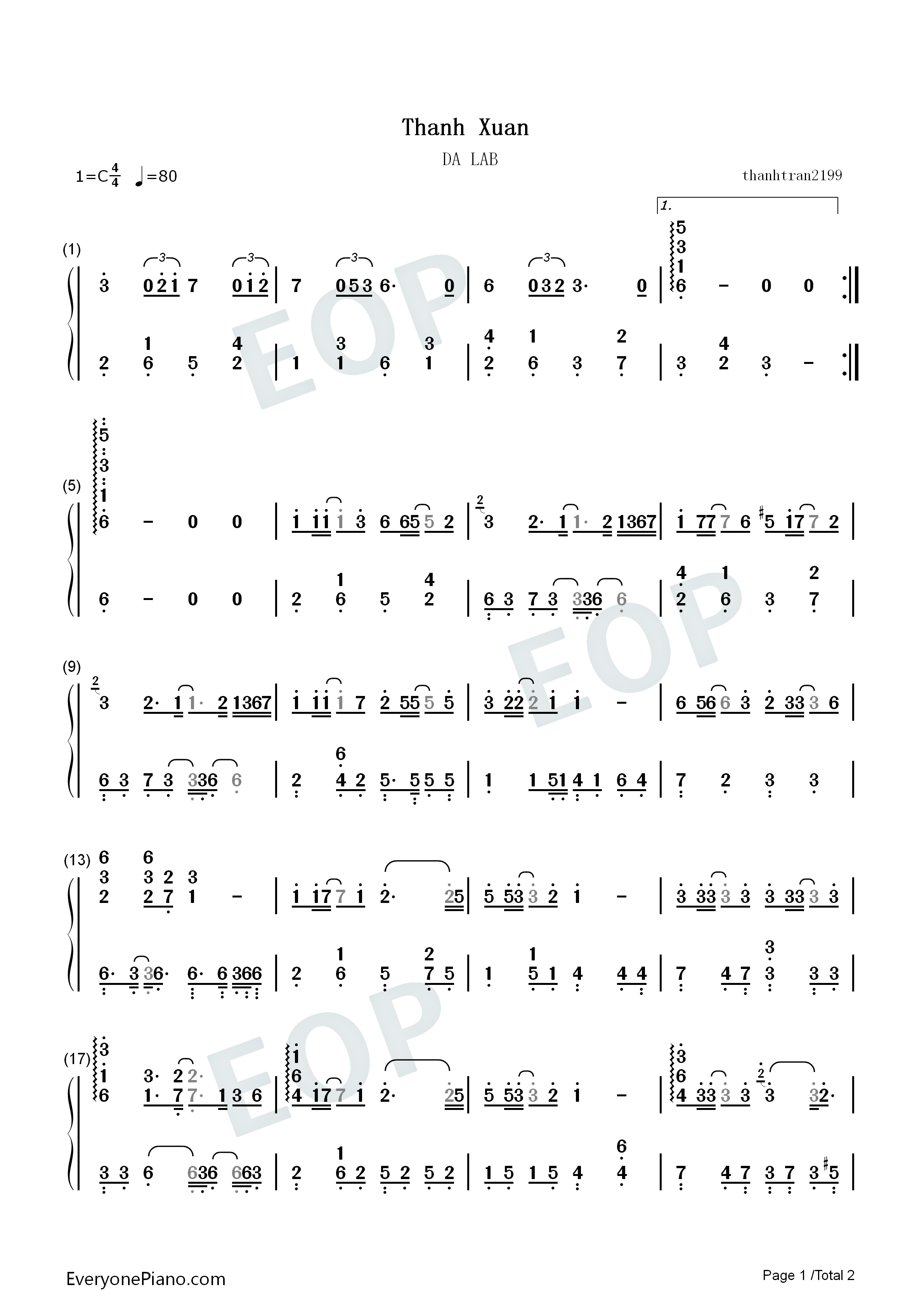 Thanh_Xuân钢琴简谱_Da_LAB演唱