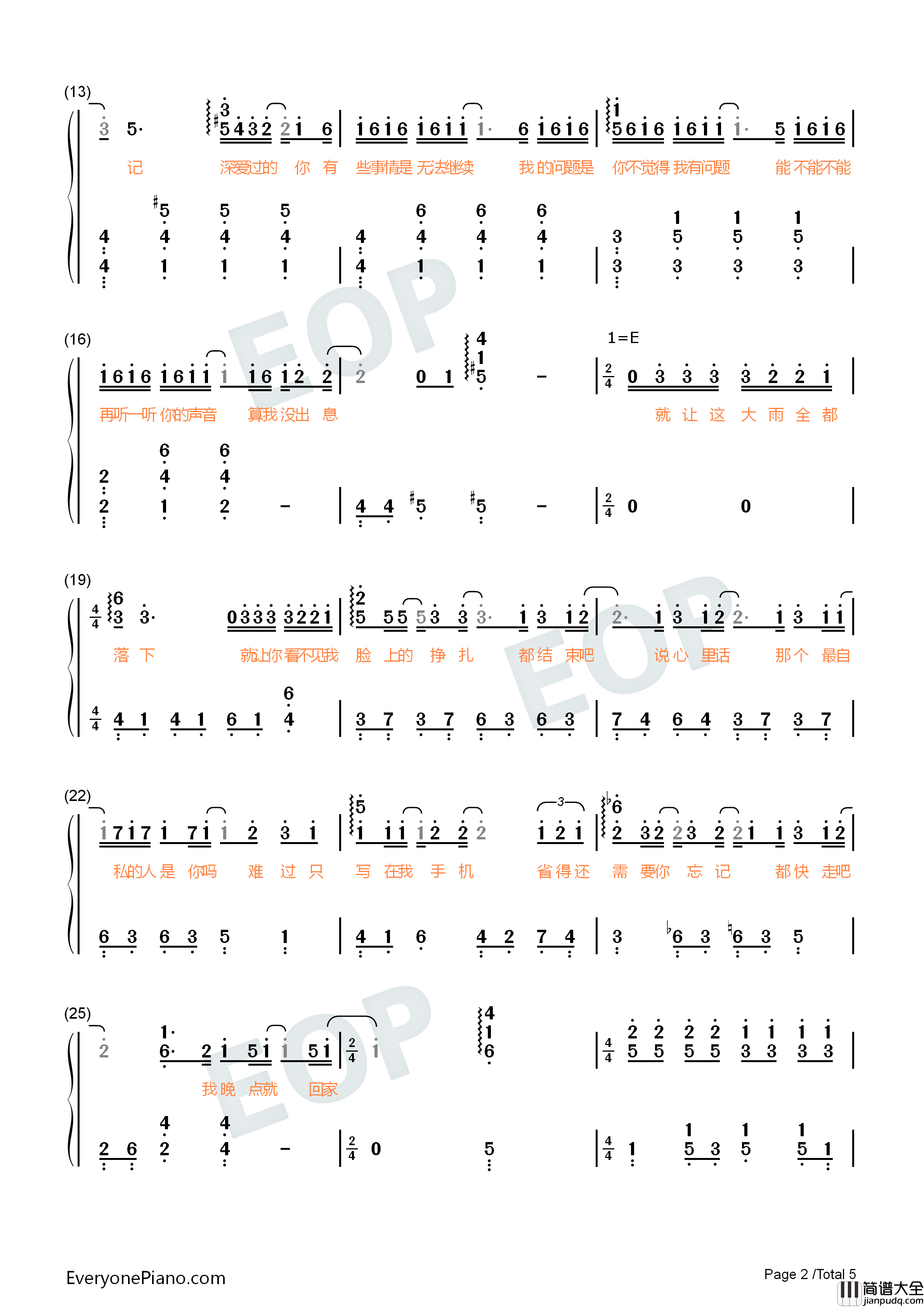 就让这大雨全都落下钢琴简谱_容祖儿演唱