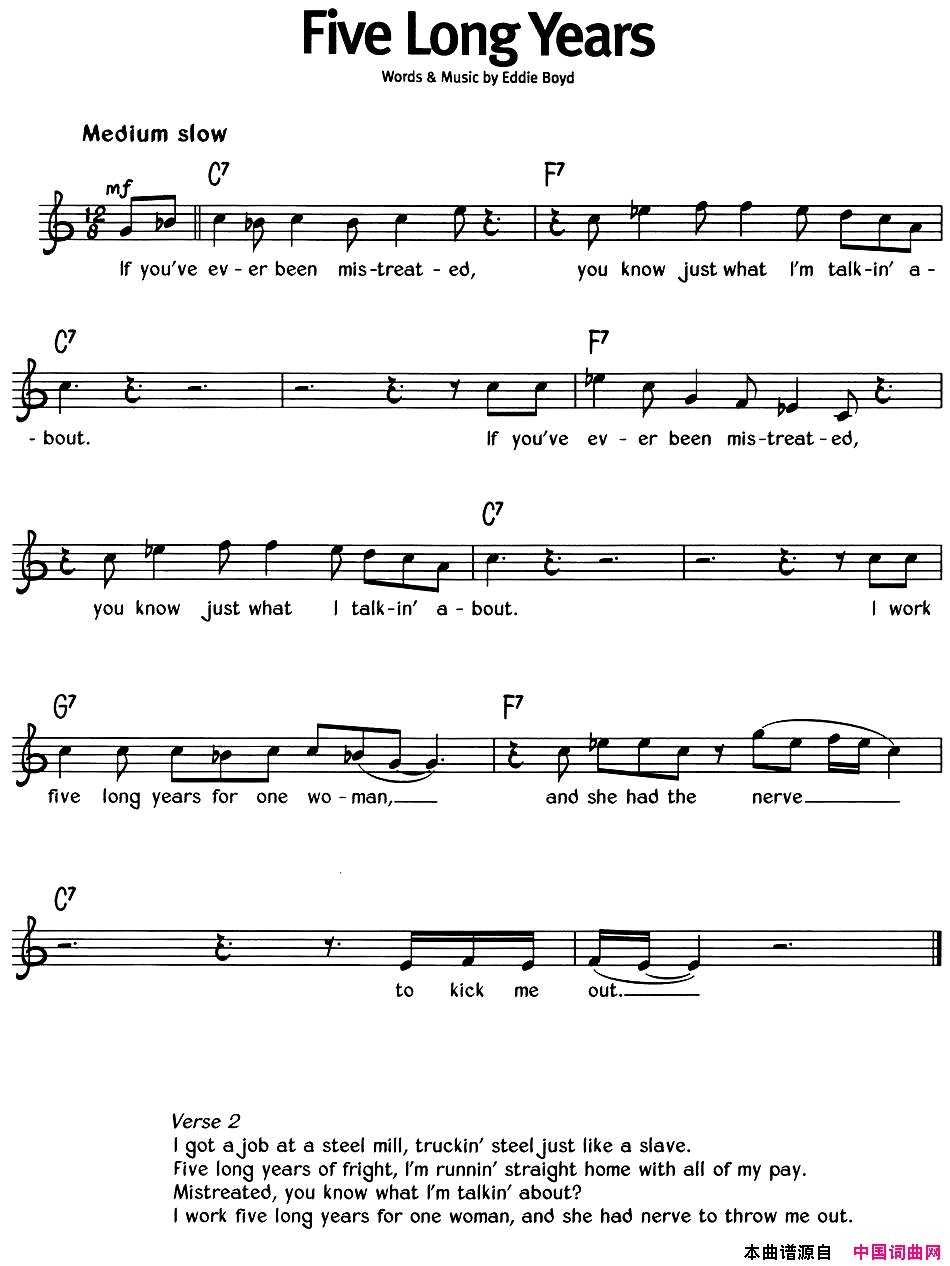 蓝调音乐：FiveLongYears简谱