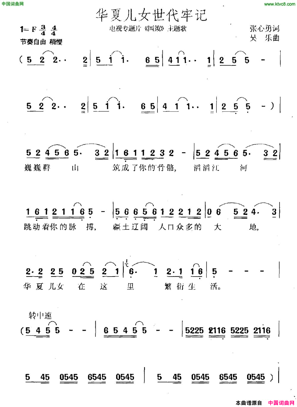 华夏儿女世代牢记电视专题片_国策_主题曲简谱