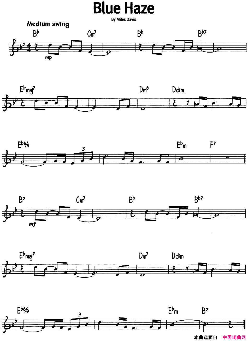 蓝调音乐：BlueHaze简谱