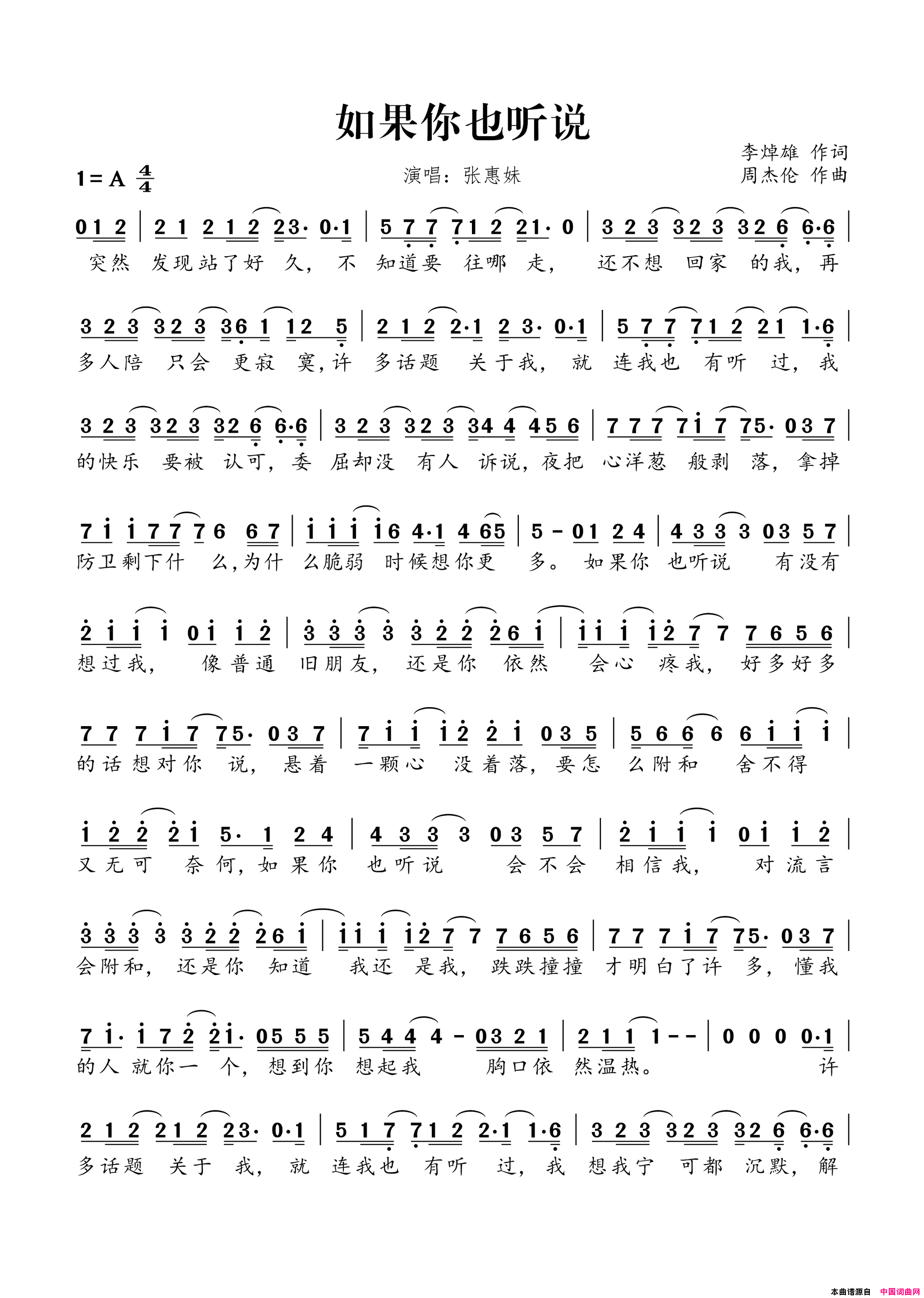 如果你也听说简谱_张惠妹演唱_李焯雄/周杰伦词曲