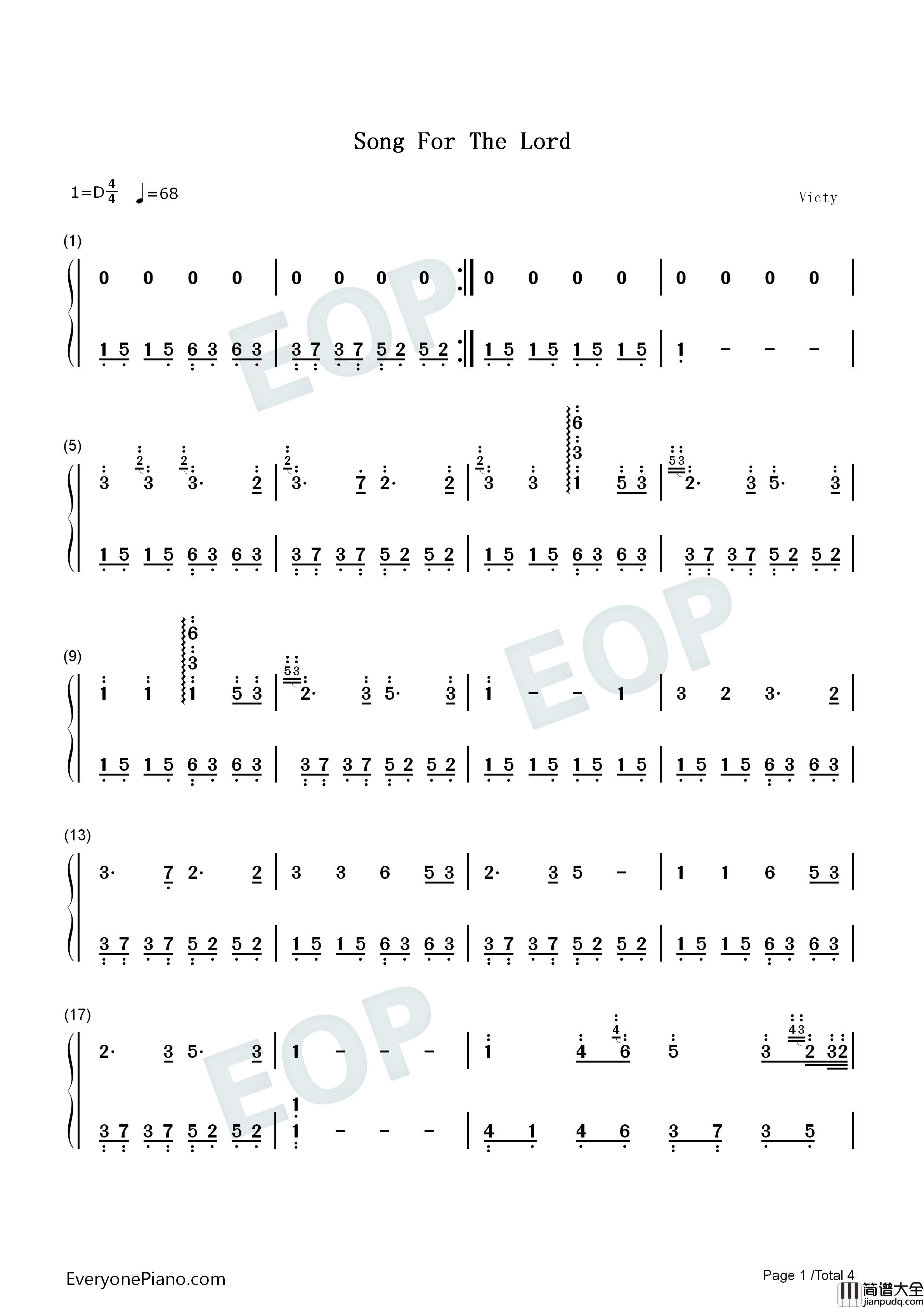 Song_For_The_Lord钢琴简谱_班得瑞_Bandari演唱