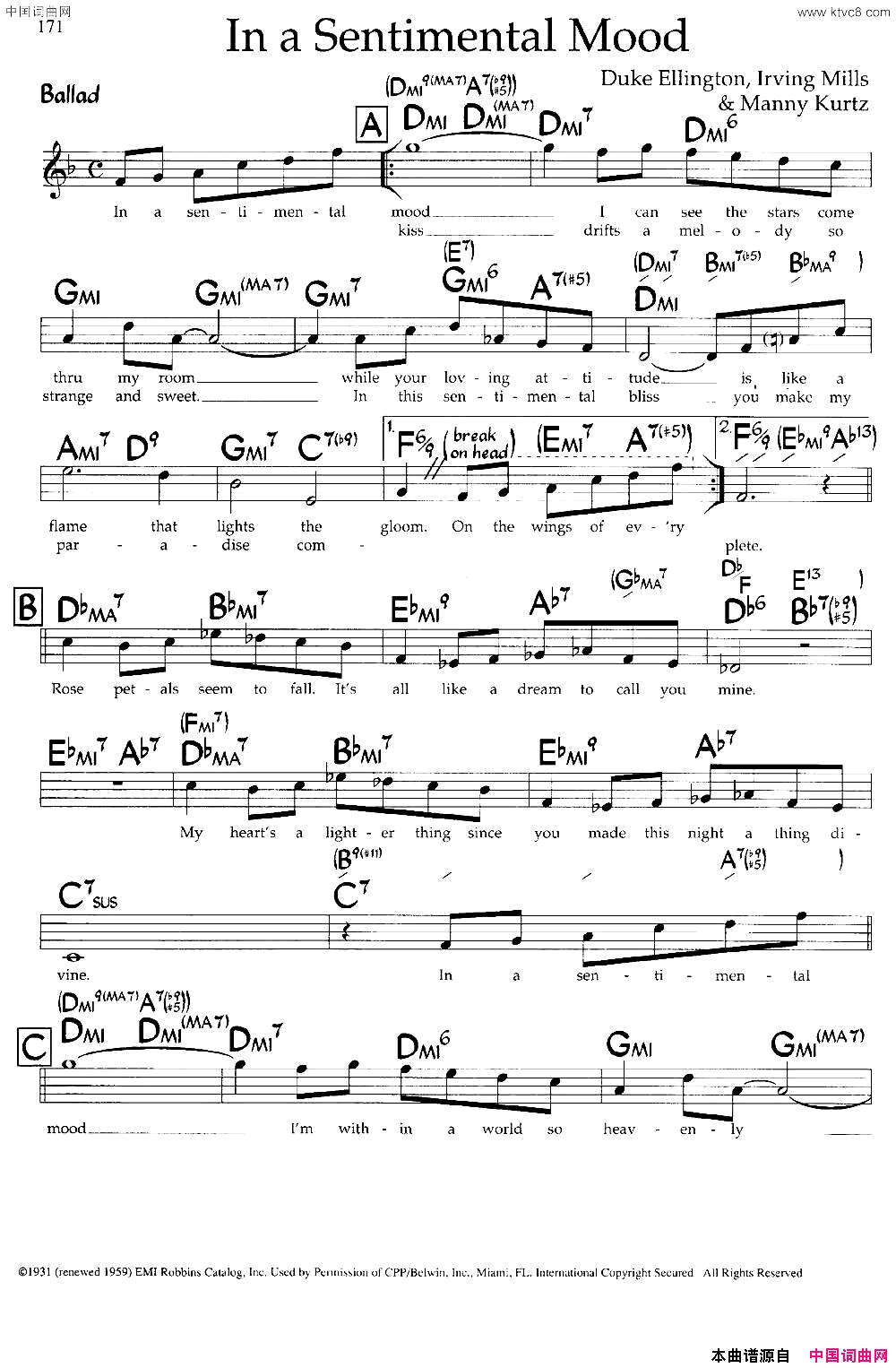 InaSentimentalMood带和弦五线谱In_a_Sentimental_Mood带和弦五线谱简谱