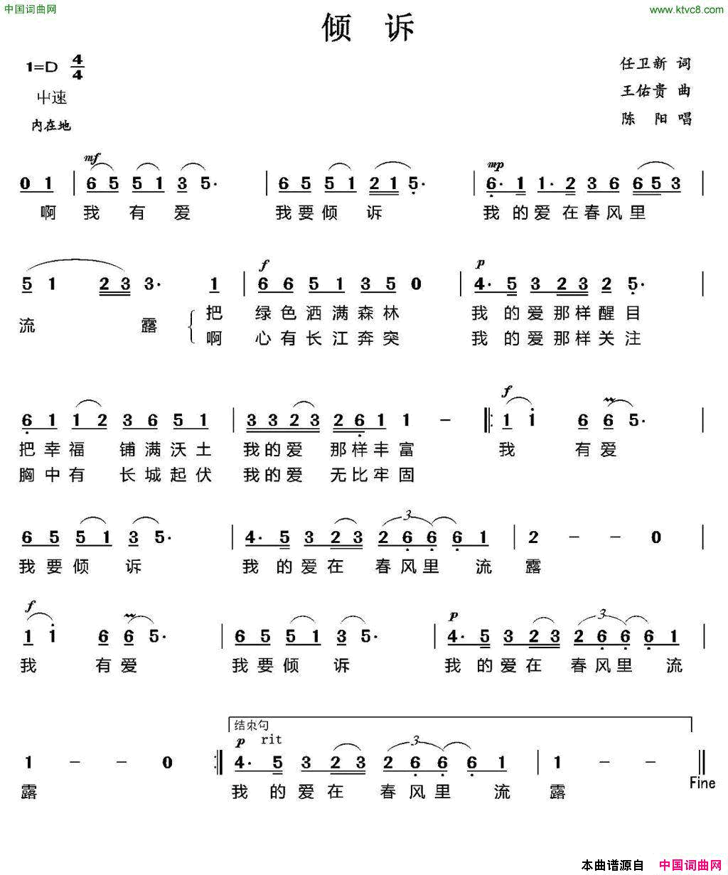 倾诉简谱_陈阳演唱_任卫新/王佑贵词曲