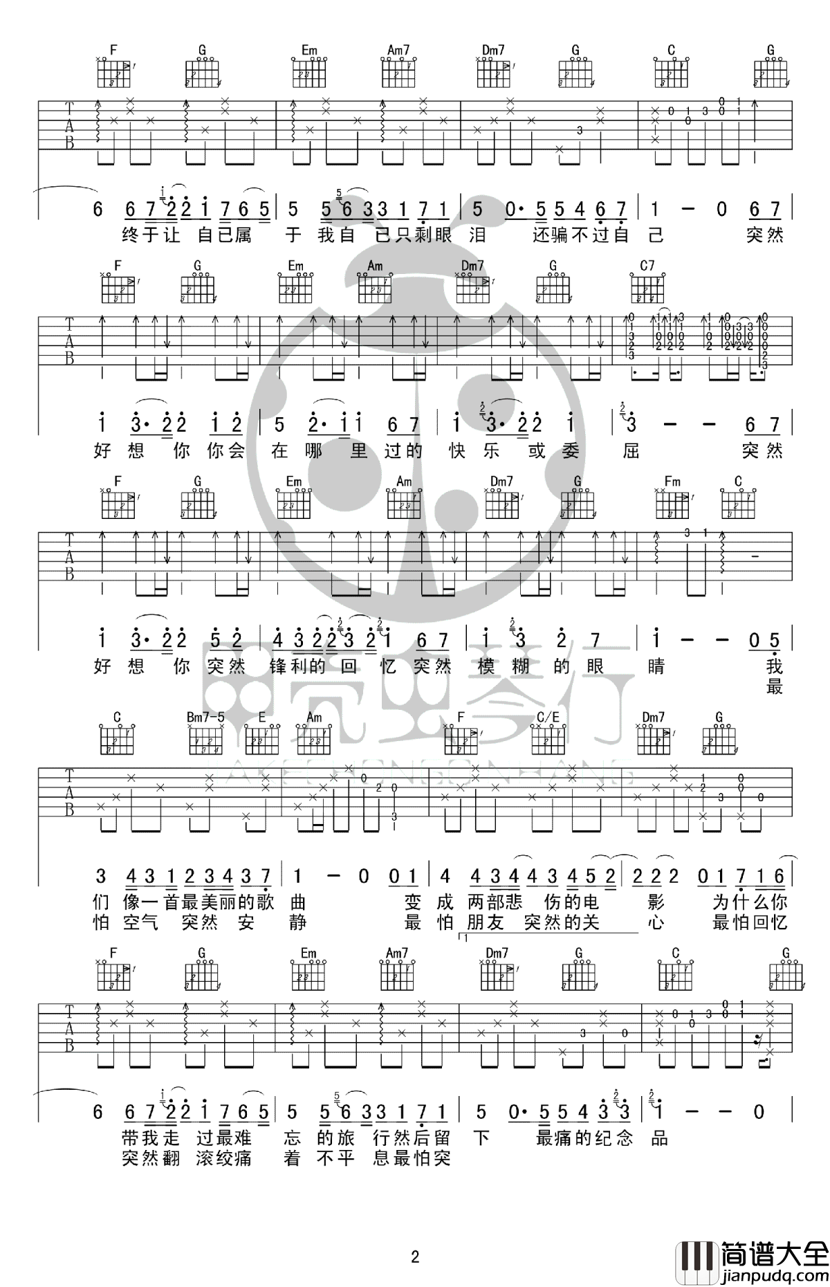突然好想你吉他谱_五月天_原版谱带solo_高清六线谱