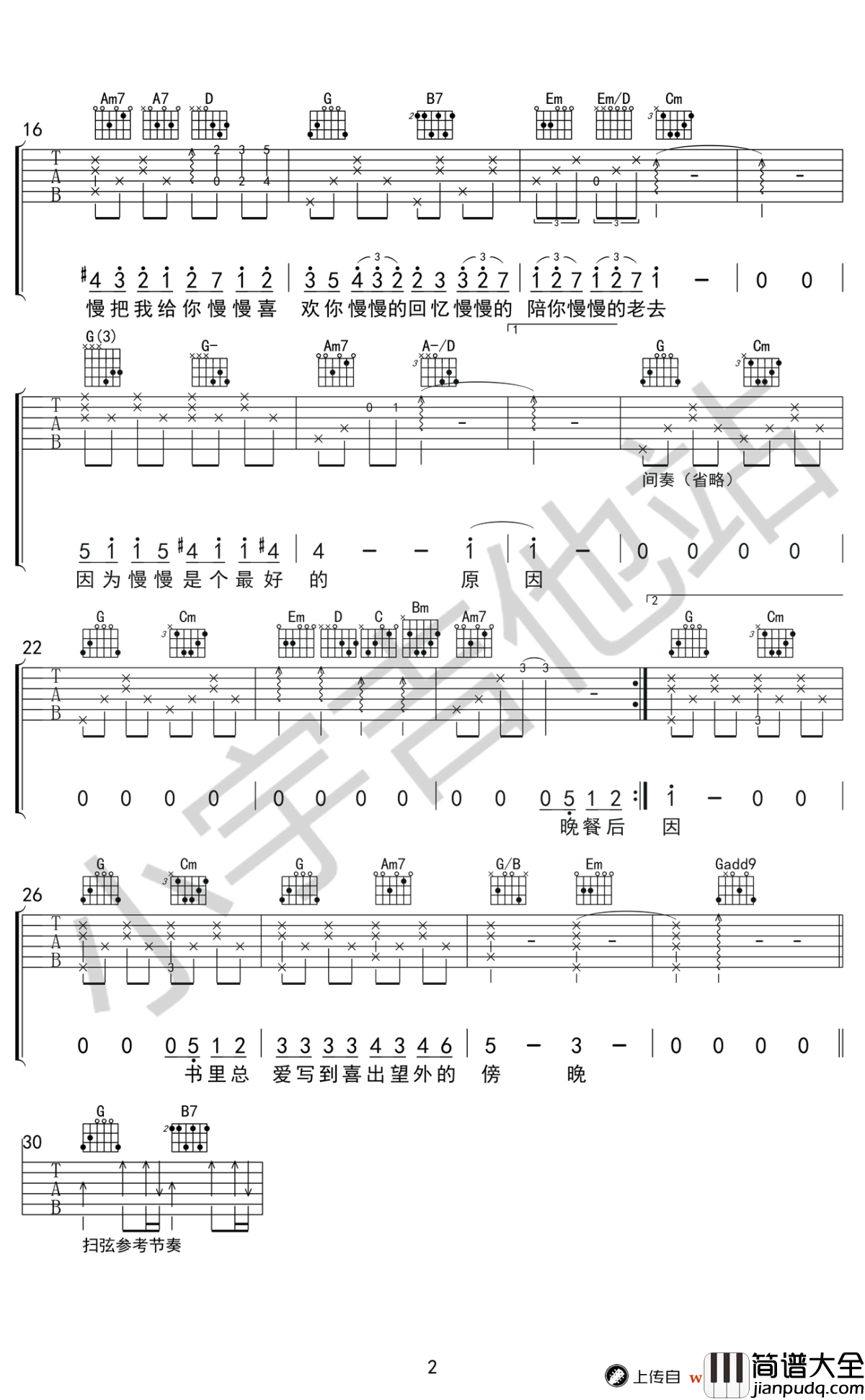 慢慢喜欢你吉他谱_G调六线谱_莫文蔚_高清弹唱谱