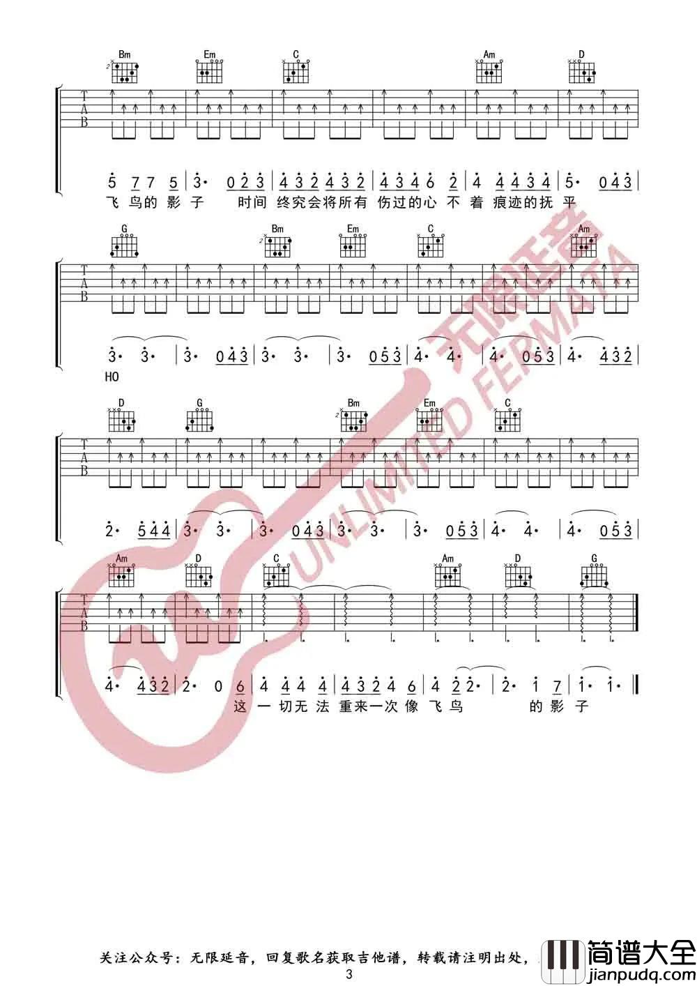 _飞鸟的影子_吉他谱_好妹妹乐队_G调原版吉他谱_弹唱六线谱