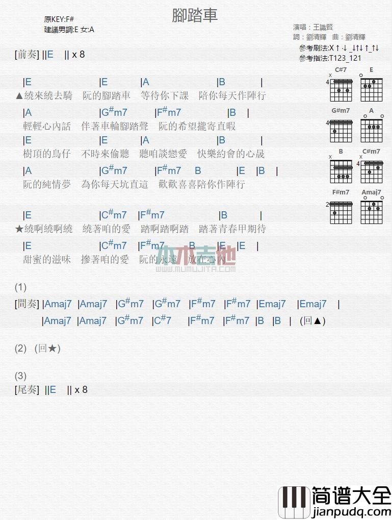 脚踏车_吉他谱_王识贤