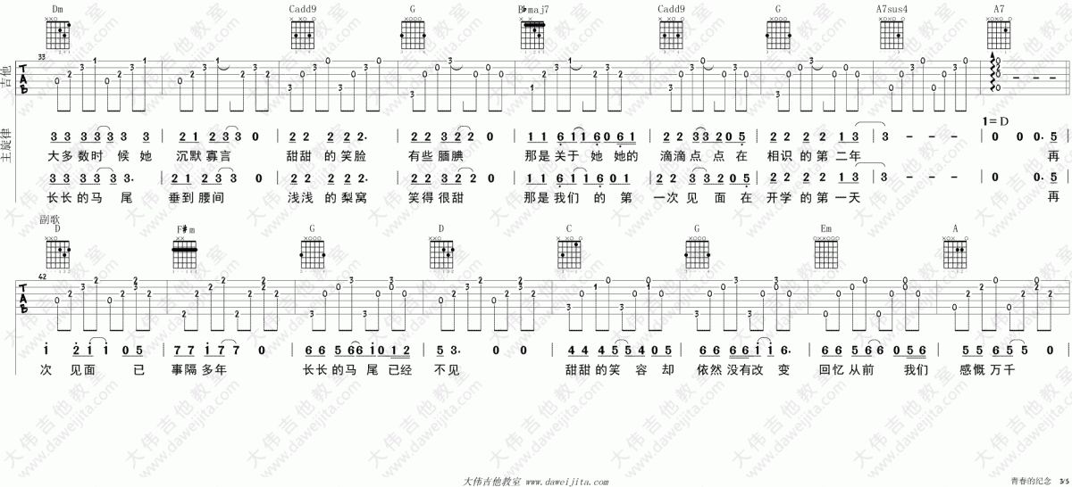 青春的纪念_F换D调吉他谱_大伟