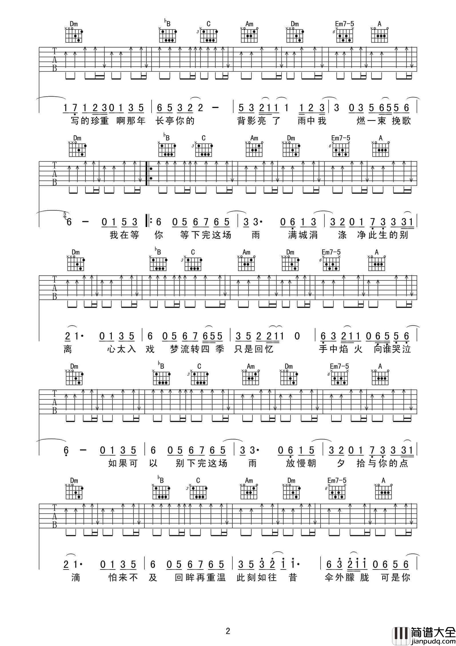 下完这场雨吉他谱_F调原版_变调夹夹一品_后弦