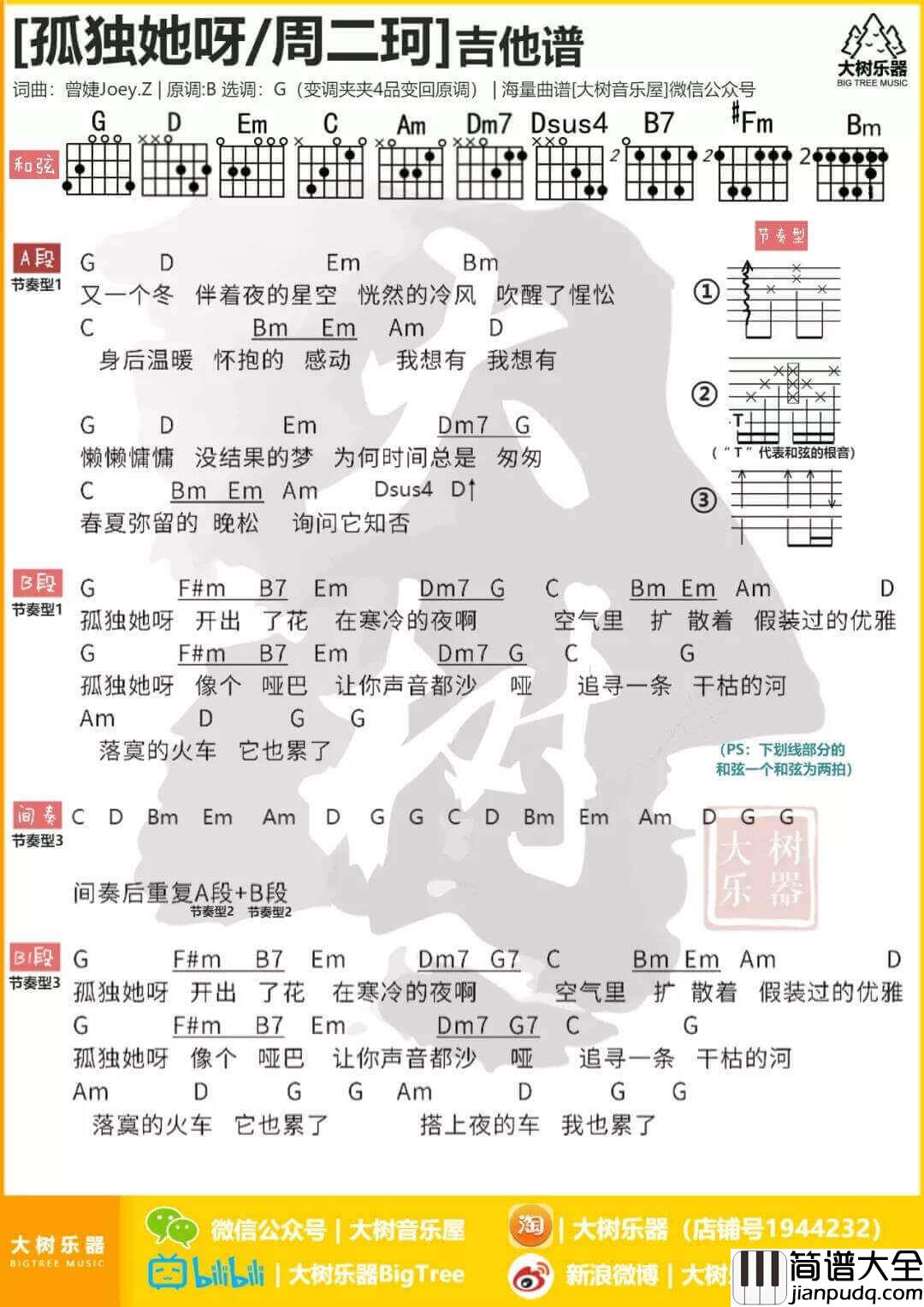 孤独她呀吉他谱_G调和弦谱_周二珂