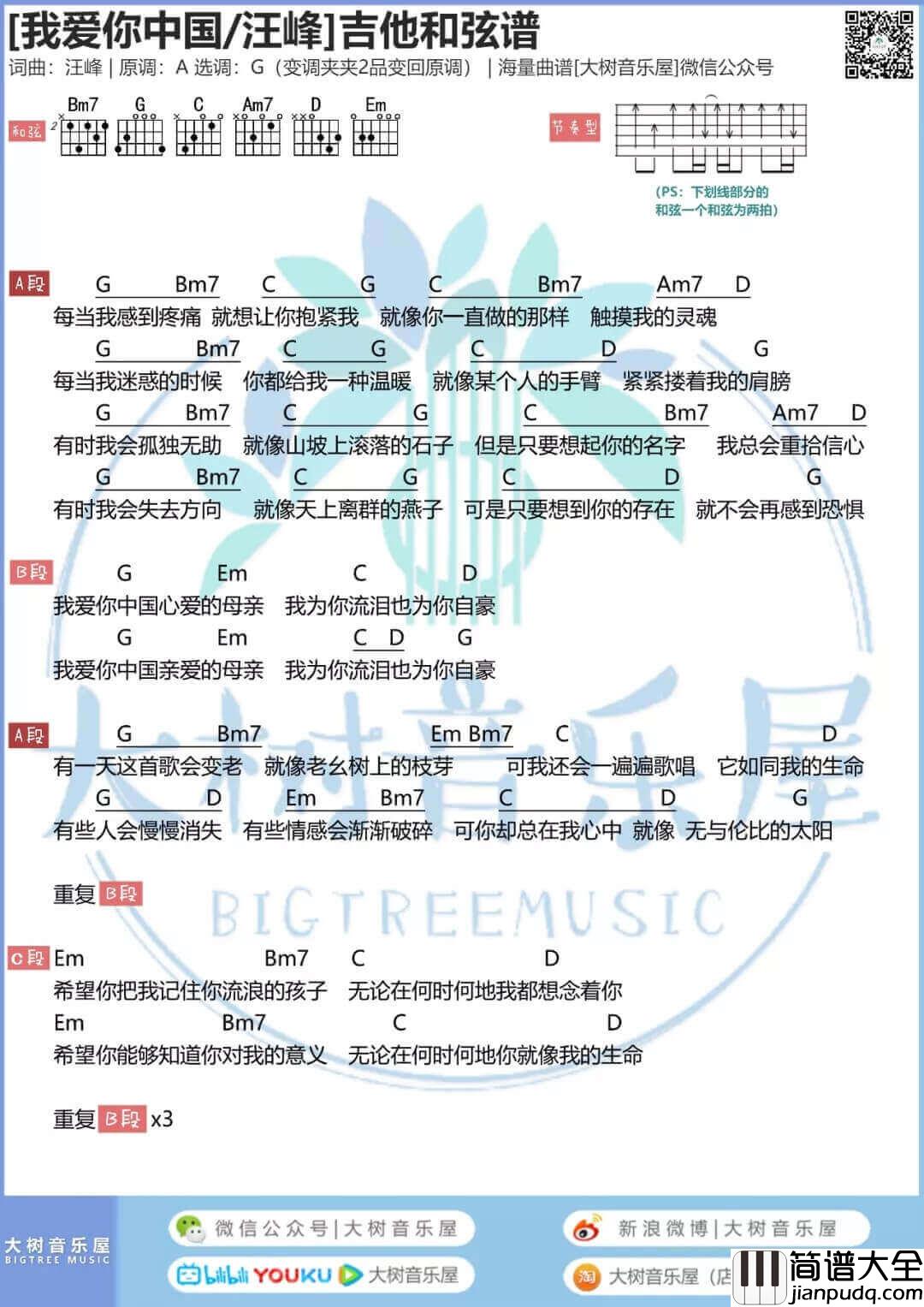 汪峰_我爱你中国_吉他谱_和弦伴奏谱_大树音乐屋