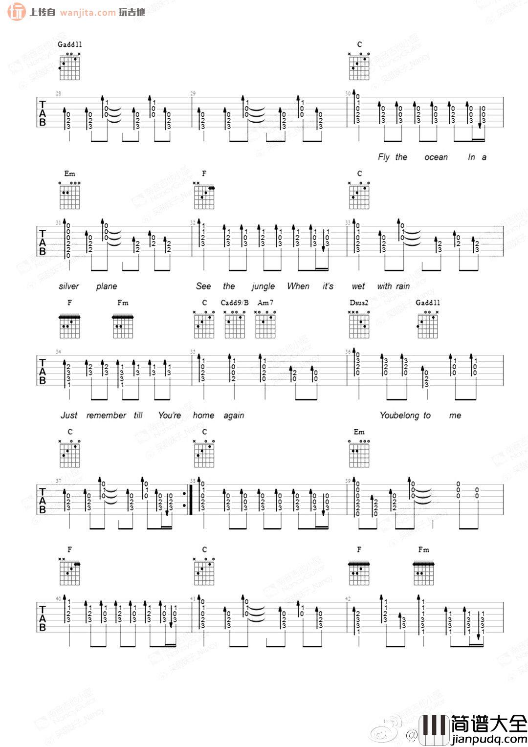 You Belong To Me吉他谱_Sue Thompson_C调原版六线谱 You_Belong_To_Me吉他谱_Sue_Thompson_C调原版六线谱