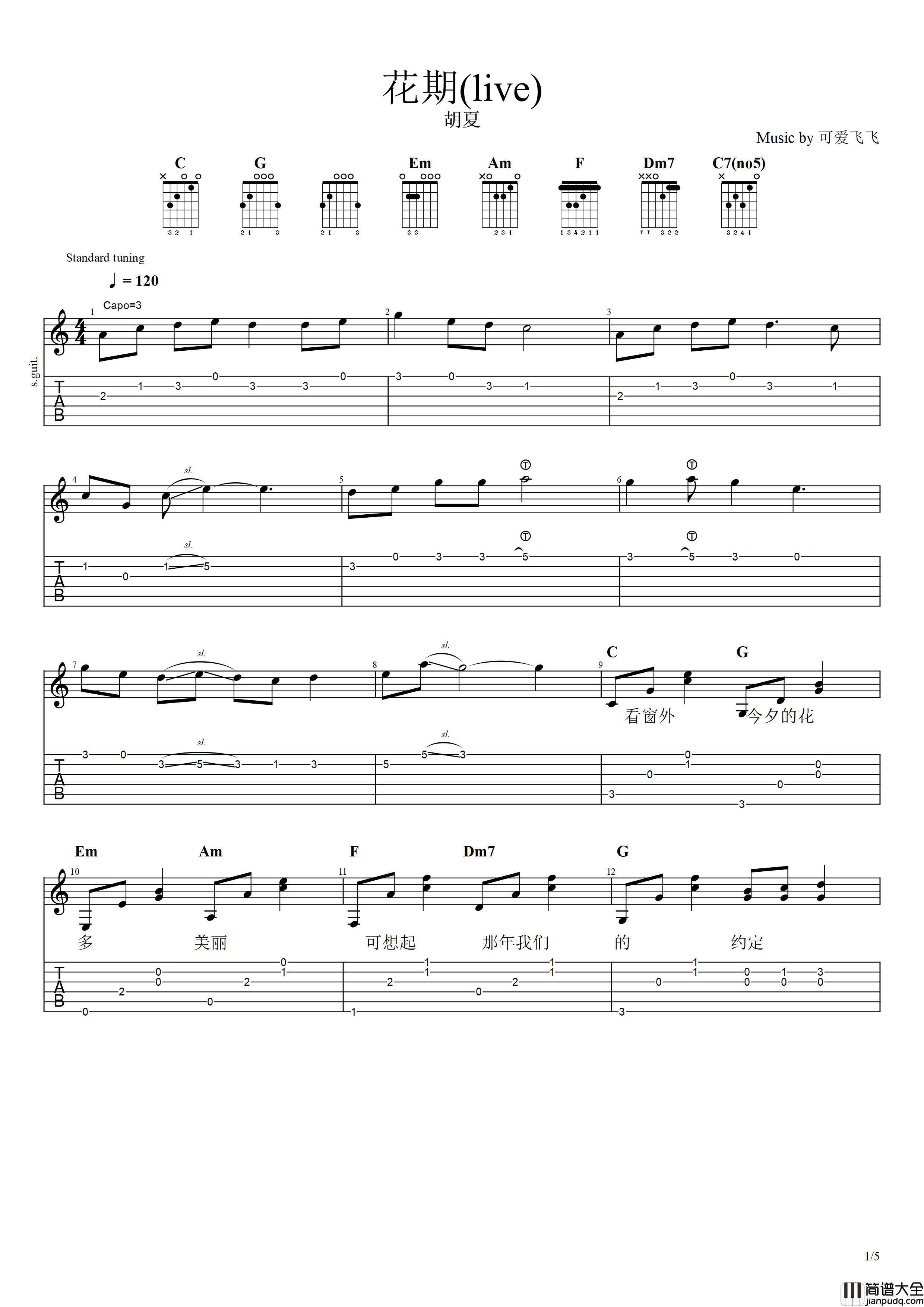 花期吉他谱_胡夏__花期_C调live版弹唱六线谱