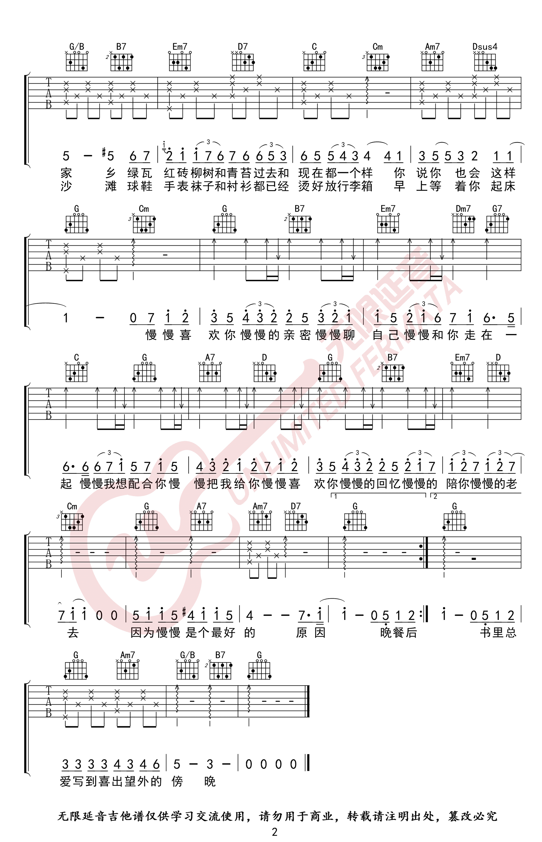 慢慢喜欢你吉他谱_莫文蔚_G调_弹唱六线谱