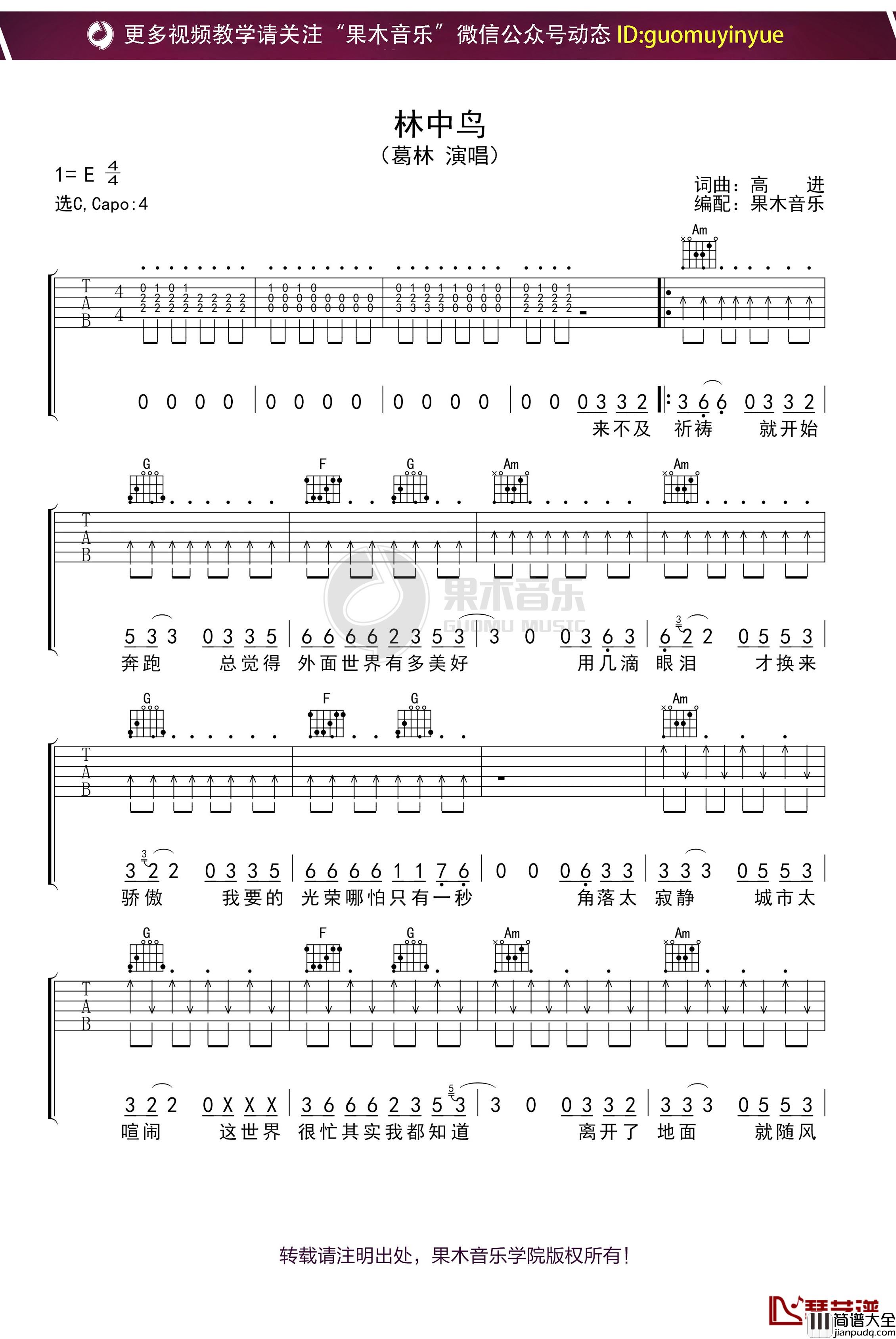 葛林_林中鸟_吉他谱_C调弹唱六线谱