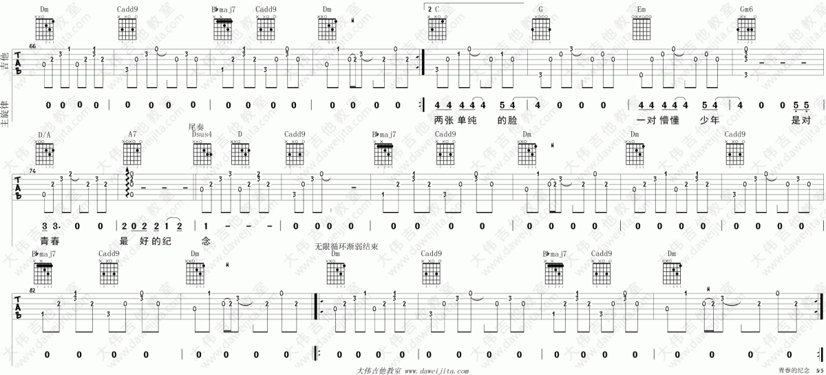 青春的纪念_F换D调吉他谱_大伟