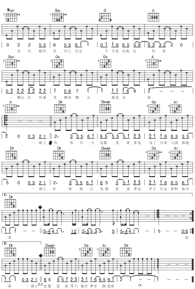 _一路上有你_吉他谱_张学友_D调弹唱六线谱