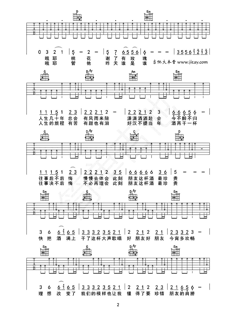 _朋友的酒_吉他谱_李晓杰_G调简单版弹唱谱_高清六线谱