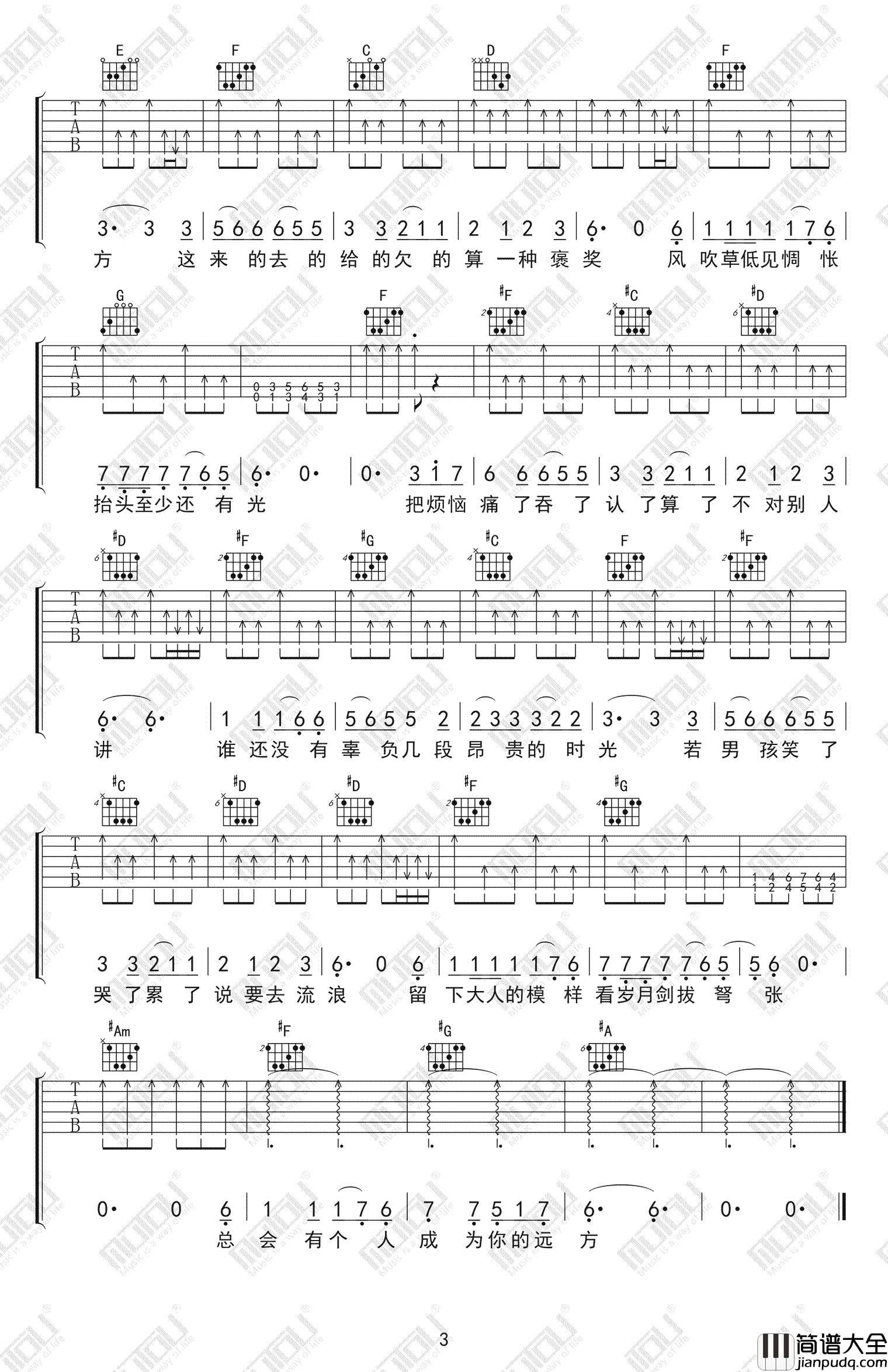 牧马城市吉他谱_毛不易__牧马城市_C调弹唱谱_高清六线谱