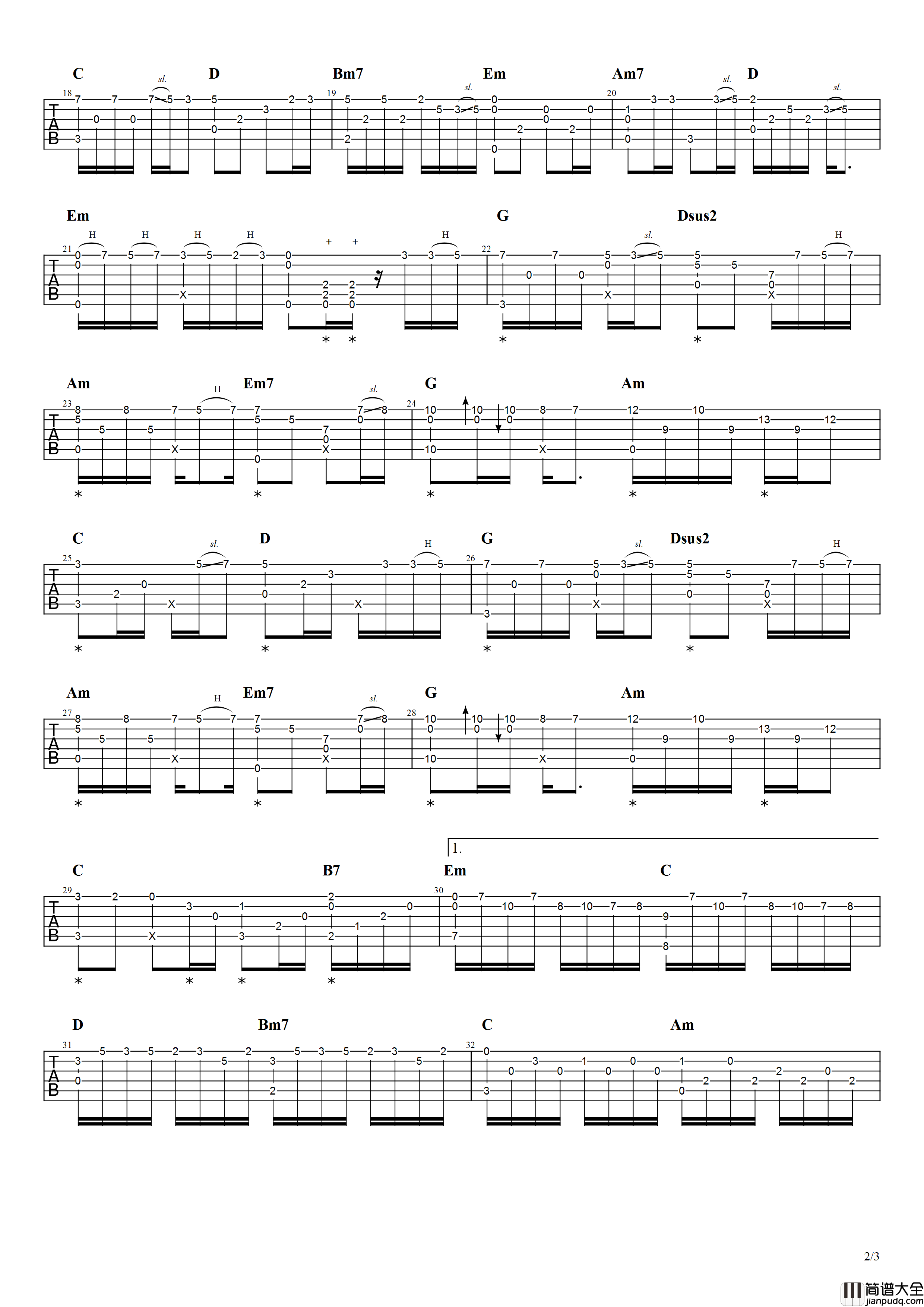 _一千个伤心的理由_吉他谱_张学友_独奏六线谱_指弹吉他教学