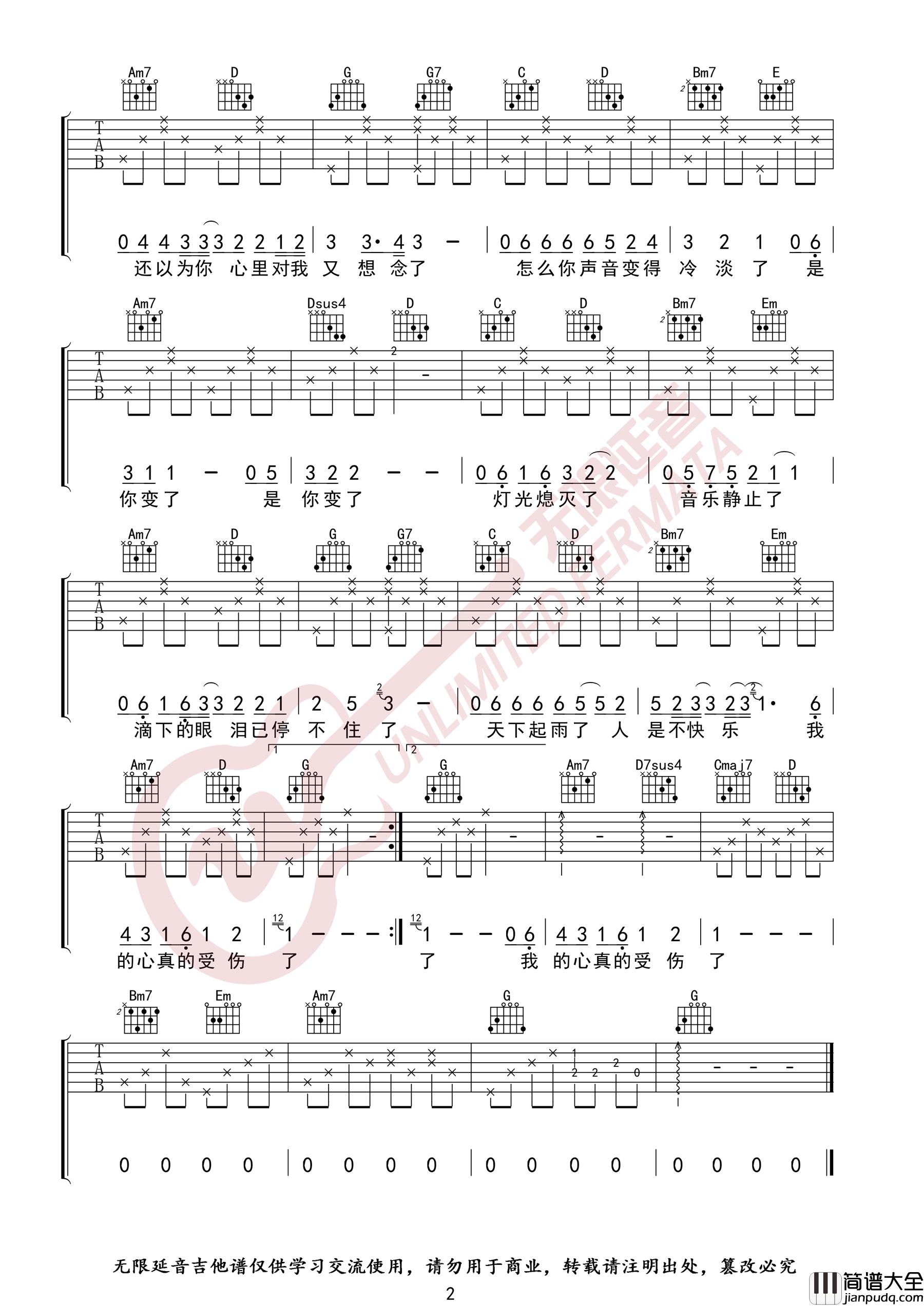 _我真的受伤了_吉他谱_张学友_G调弹唱六线谱