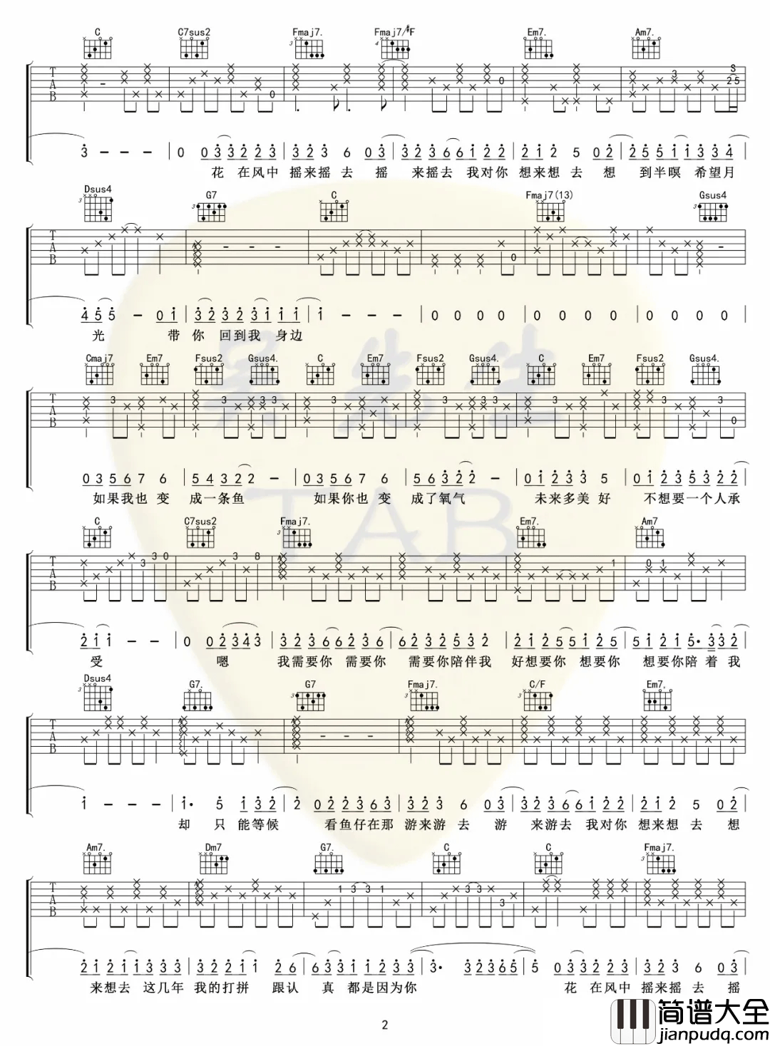 鱼仔吉他谱_卢广仲__鱼仔_G调原版弹唱谱_高清六线谱