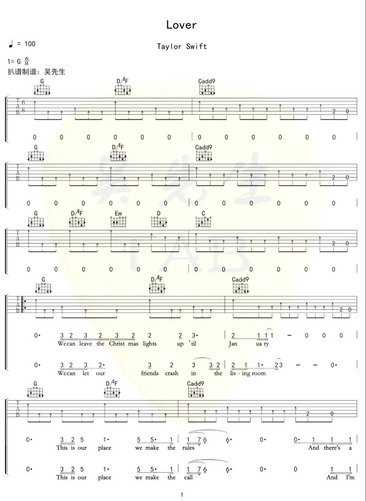 lover吉他谱_Taylor_Swift_G调弹唱谱