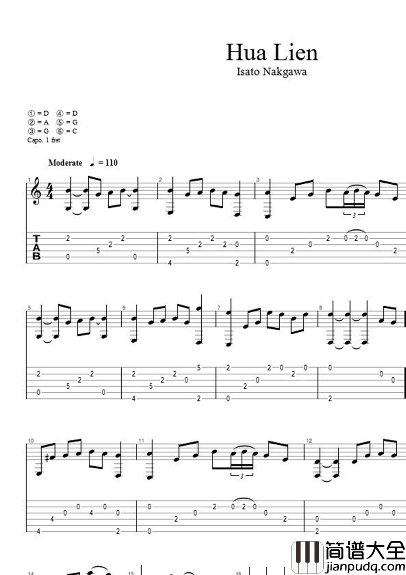花莲hualien指弹谱_中川砂仁_吉他独奏谱_指弹演示视频