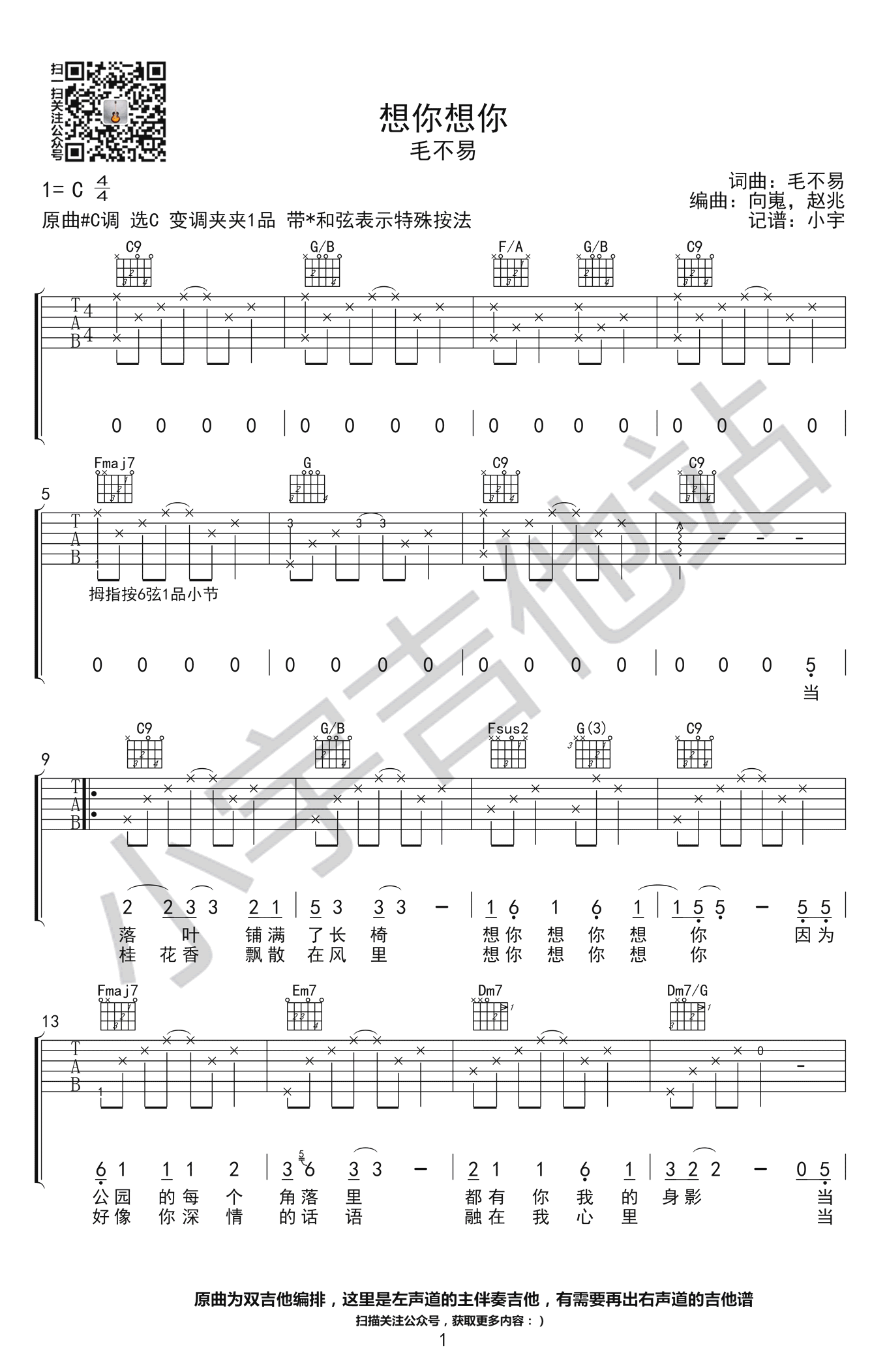 _想你想你_吉他谱_毛不易_C调原版弹唱六线谱
