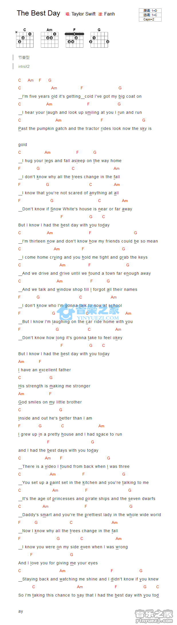 The_Best_Day吉他谱_C调_Taylor_Swift