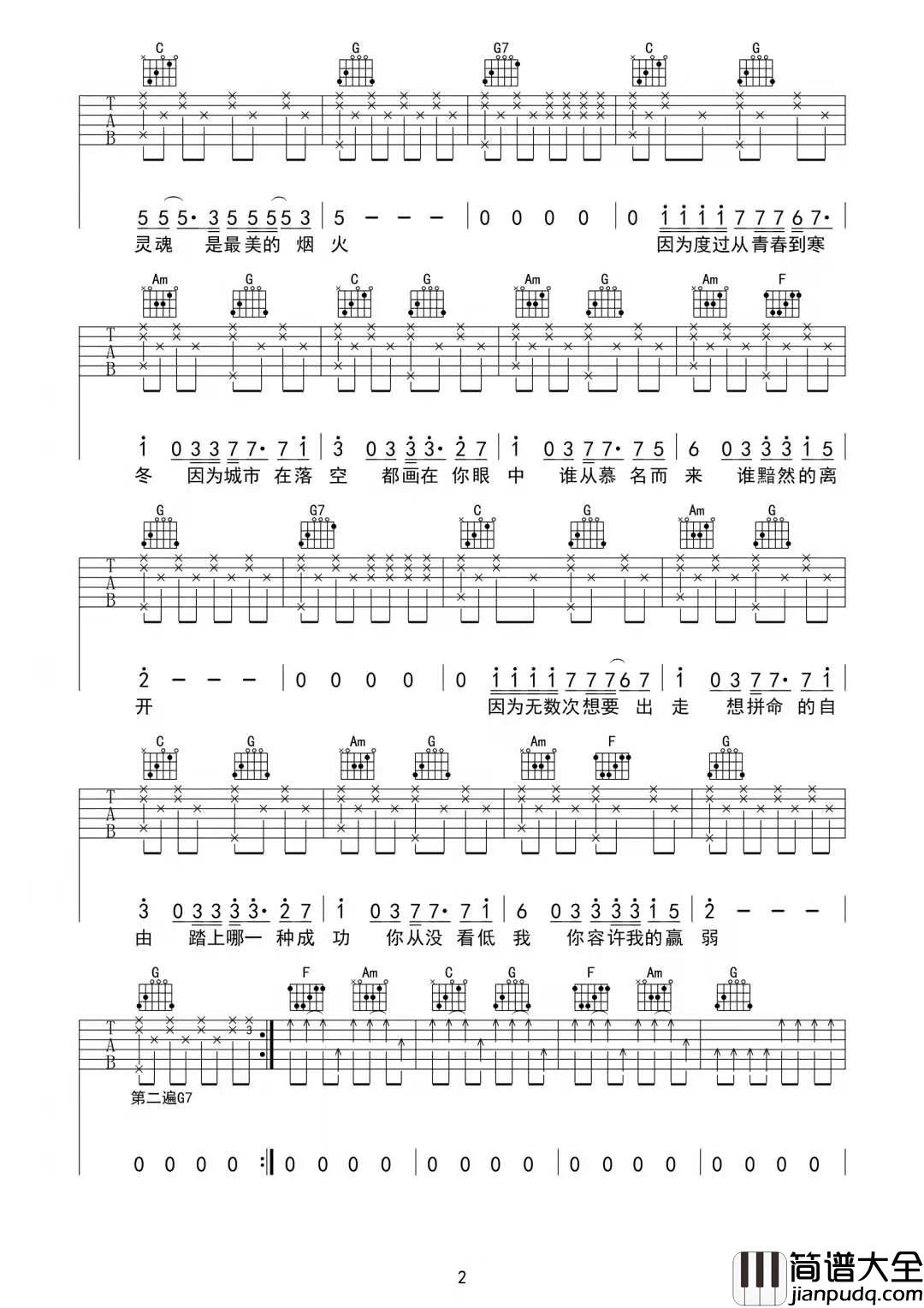 _昆明_吉他谱_麻园诗人_C调原版弹唱六线谱