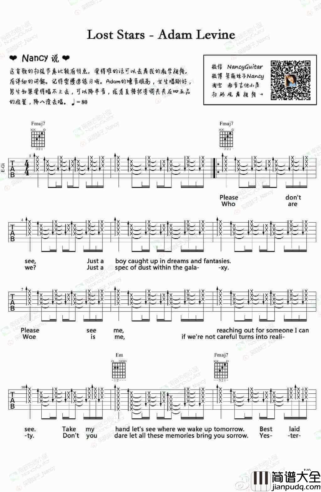 Lost_Stars吉他谱_F调_南音吉他小屋编配_Adam_Levine