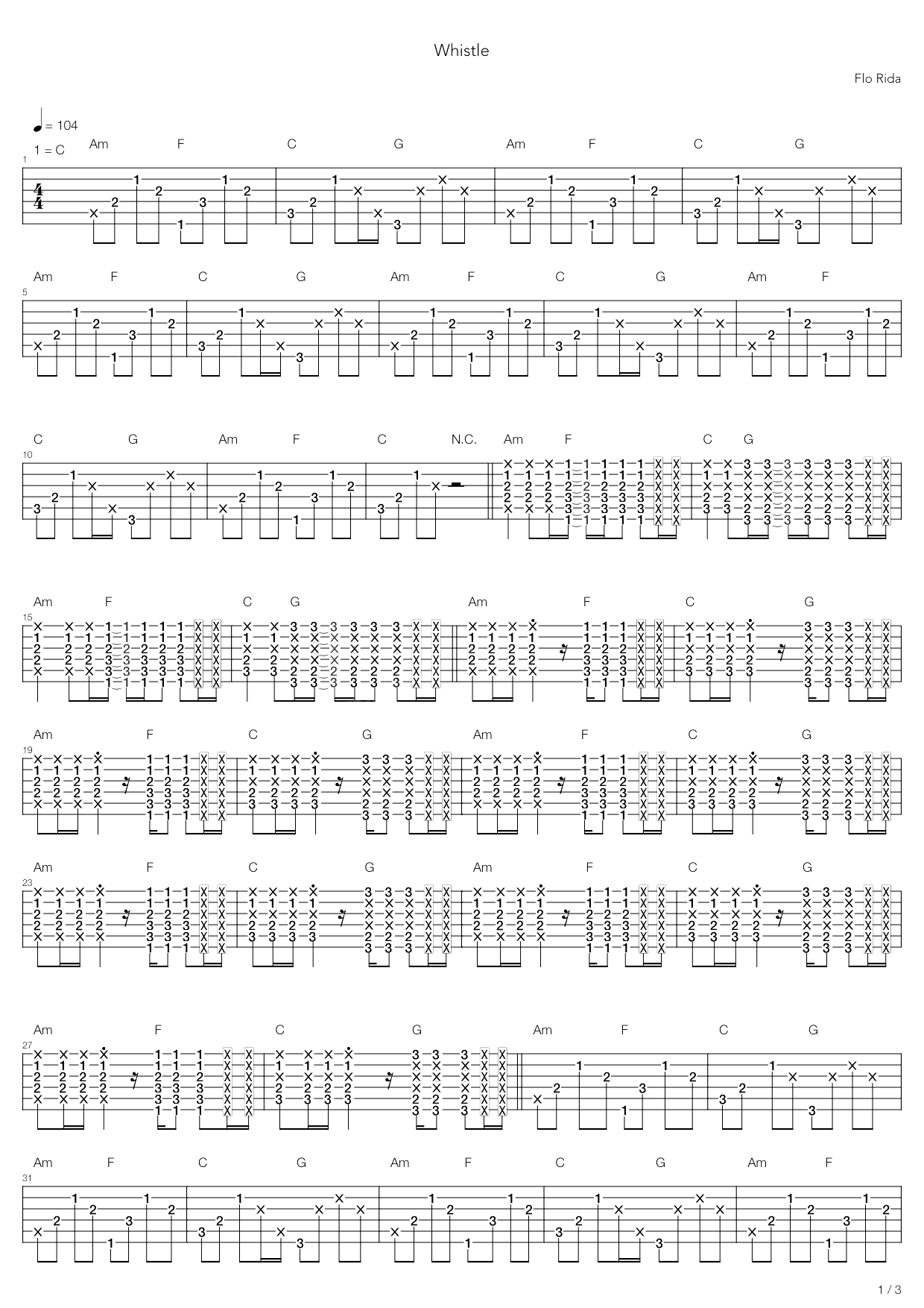 whistle指弹谱_C调六线谱_高清版_Flo_Rida
