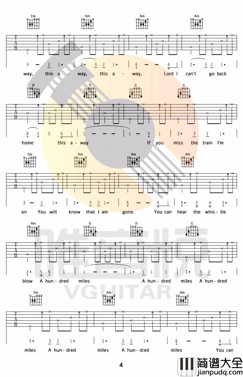 500miles吉他谱_Five_hundred_miles弹唱谱_G调原版六线谱