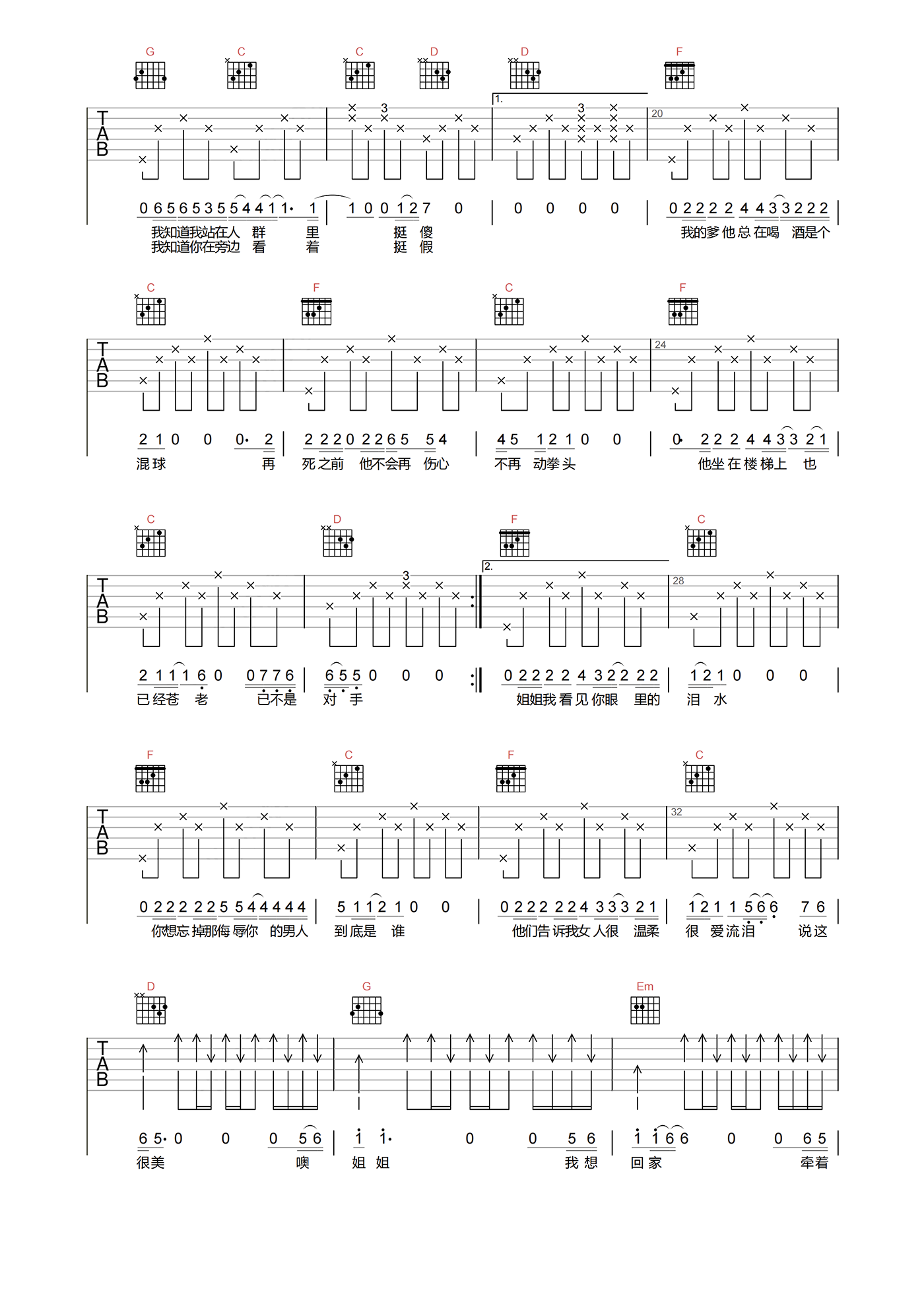 姐姐吉他谱_张楚_姐姐_G调高清原版六线谱