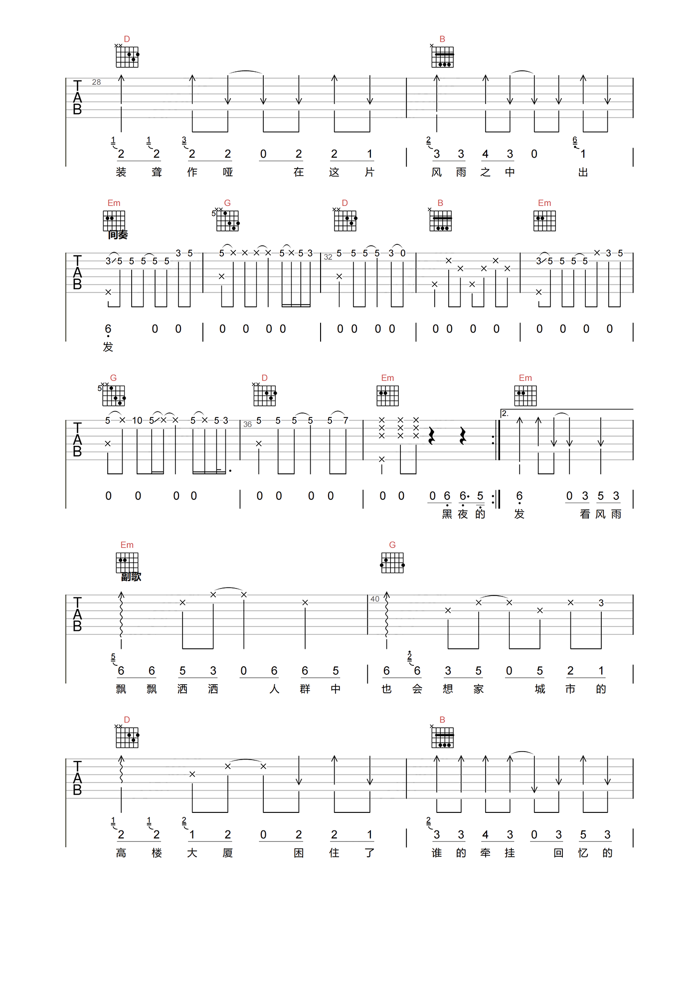 咖菲_风雨飘洒_吉他谱_G调指法吉他六线谱