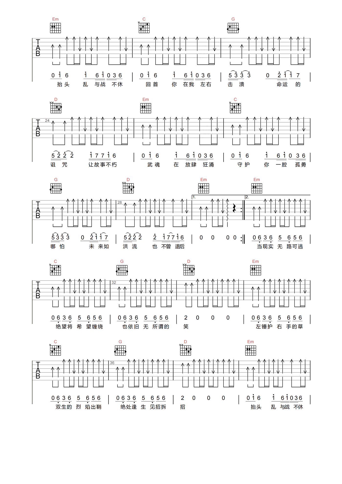 破茧吉他谱_张韶涵__破茧_G调高清原版六线谱