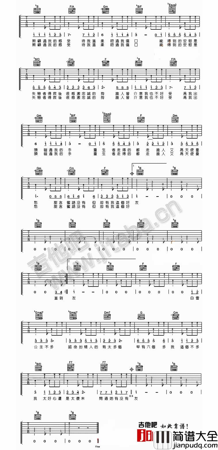七友吉他谱_B调男生版_吉他吧编配_梁汉文