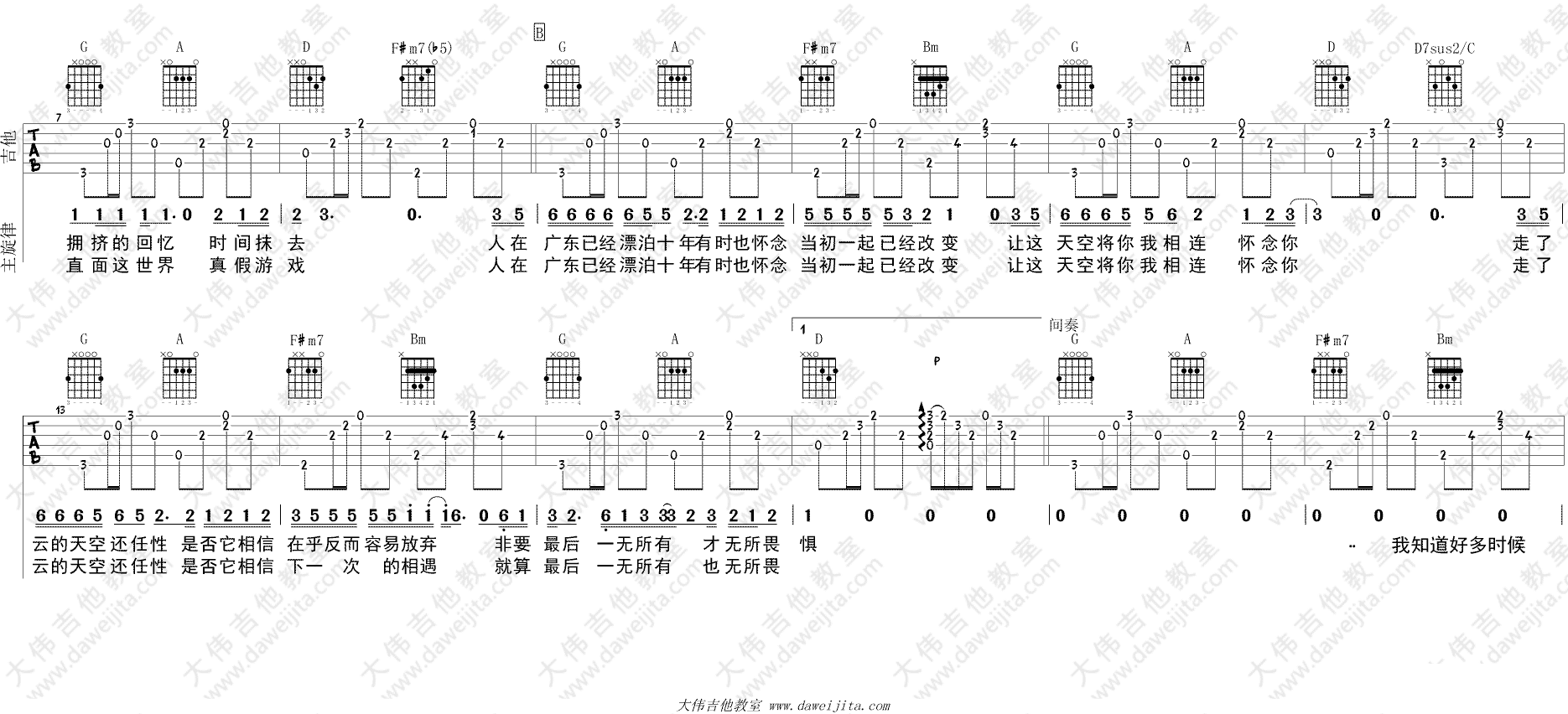 广东爱情故事吉他谱_D调_大伟吉他教室编配_广东雨神
