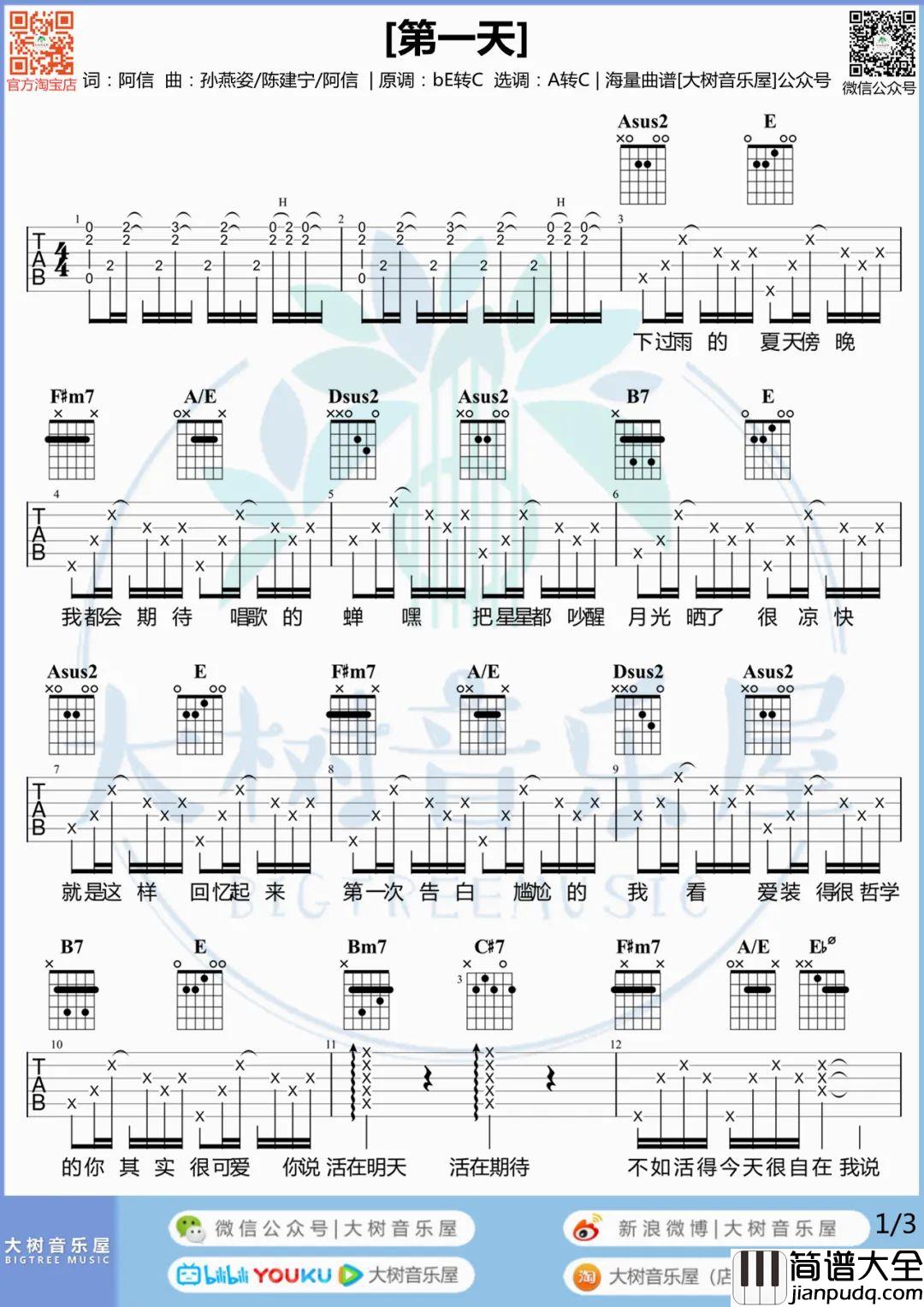 第一天吉他谱_孙燕姿_A调原版六线谱_吉他弹唱教学