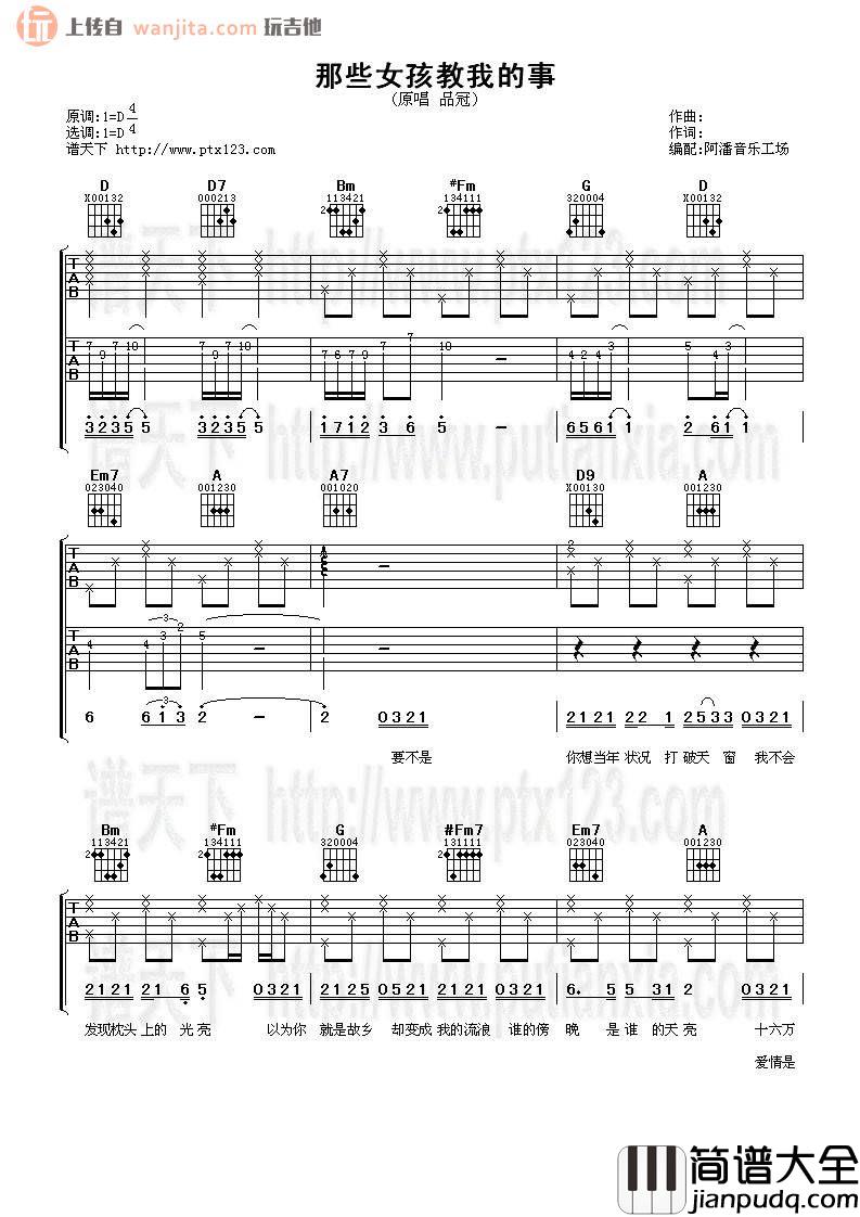 那些女孩教我的事吉他谱_D调弹唱六线谱_品冠 那些女孩教我的事吉他谱_D调弹唱六线谱_品冠
