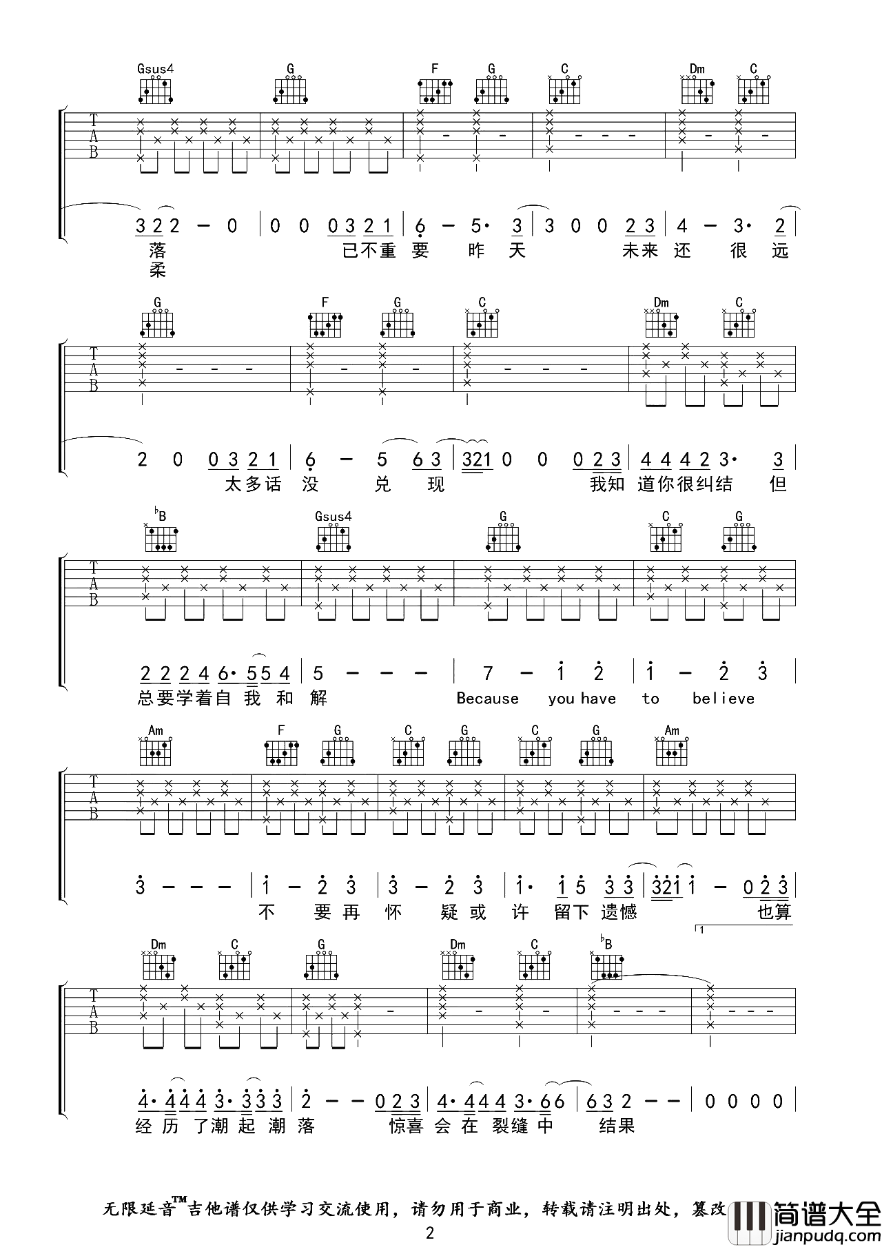 你要相信这不是最后一天_吉他谱_华晨宇_C调弹唱图片谱_附音频