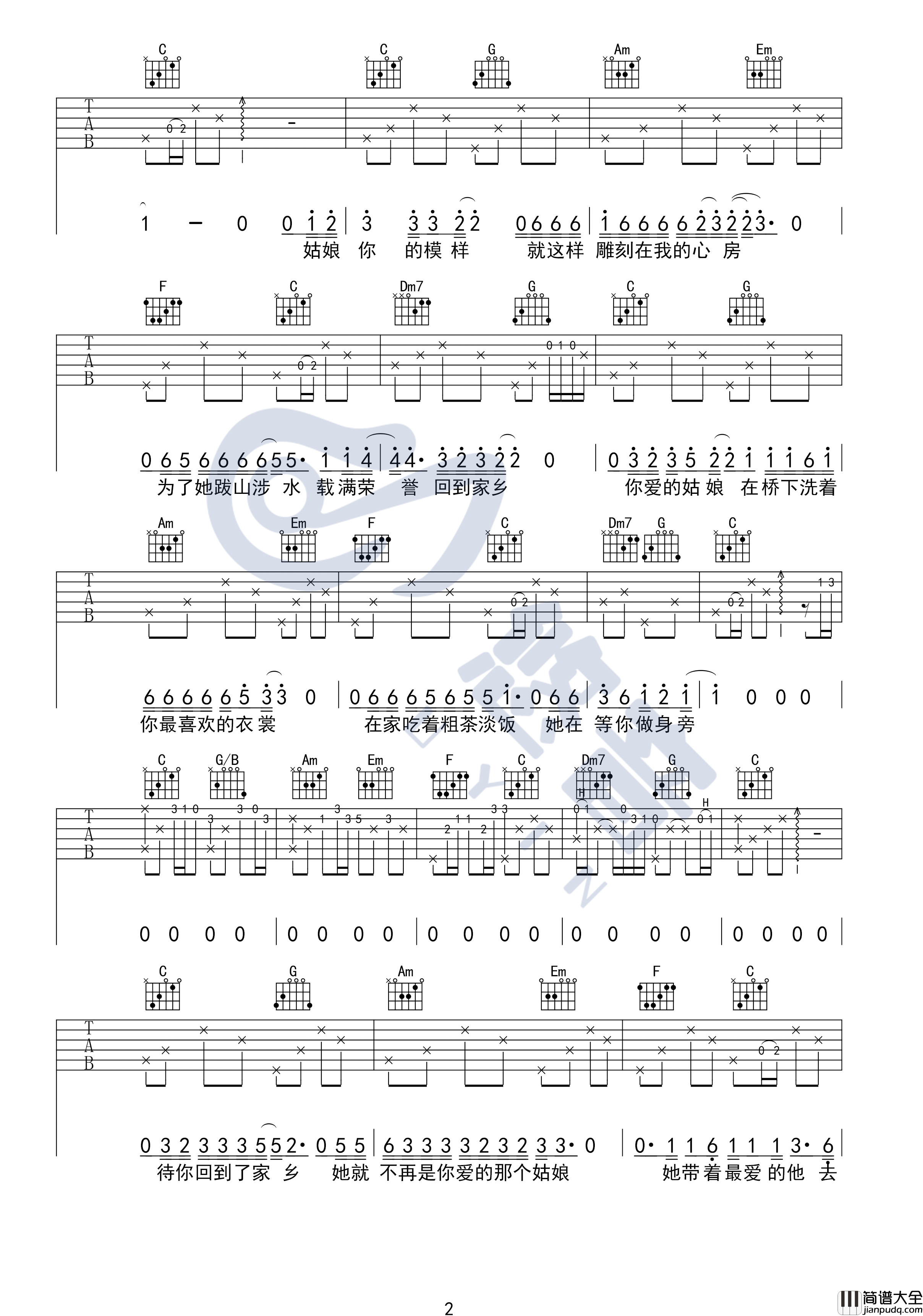 你的姑娘吉他谱_C调高清版_悠音课堂编配_隔壁老樊