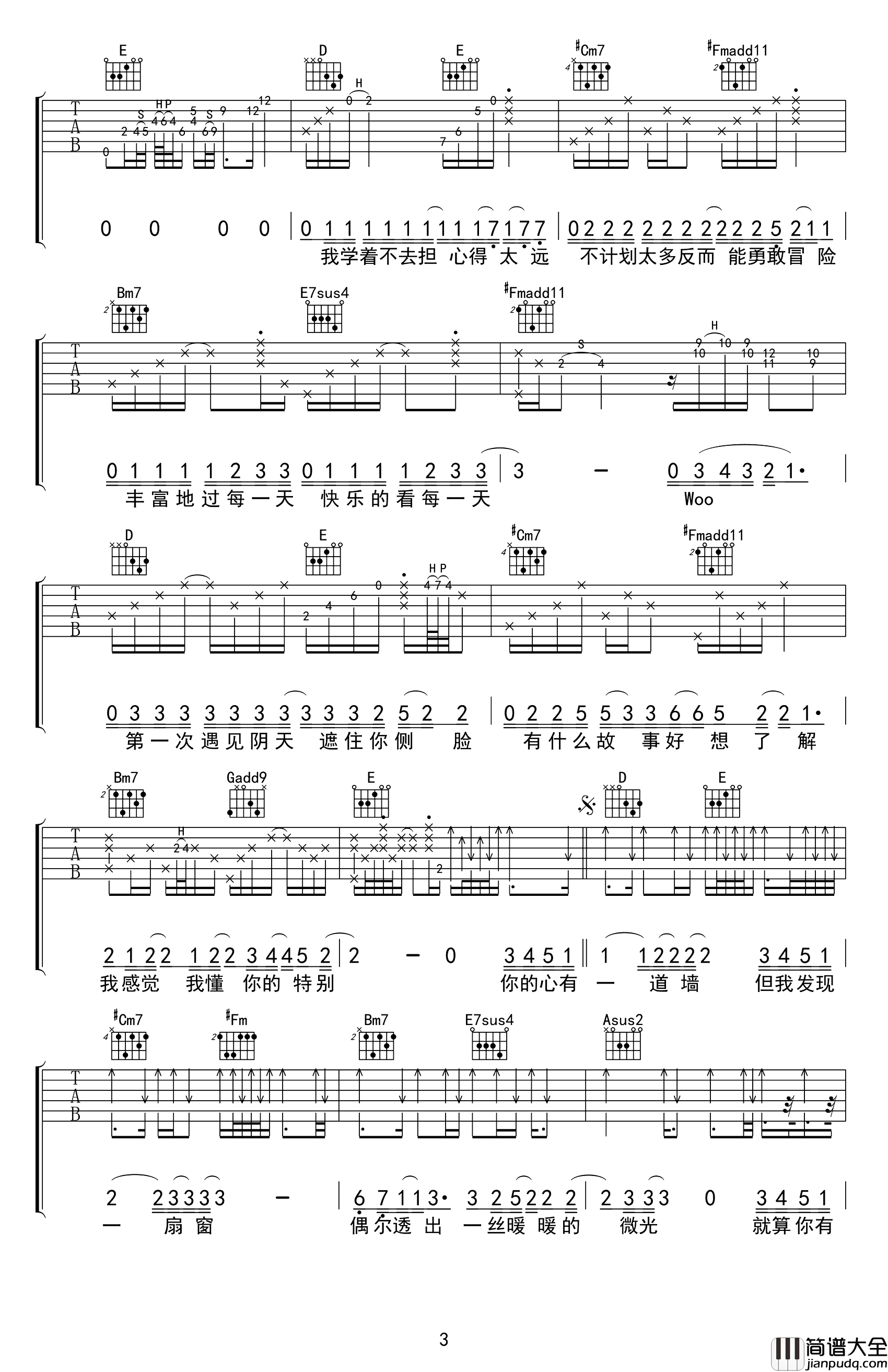 心墙吉他谱_林俊杰_A调弹唱六线谱_图片谱