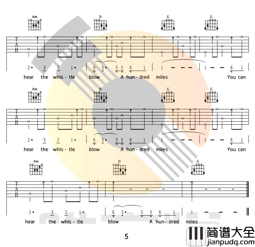 500miles吉他谱_Five_hundred_miles弹唱谱_G调原版六线谱