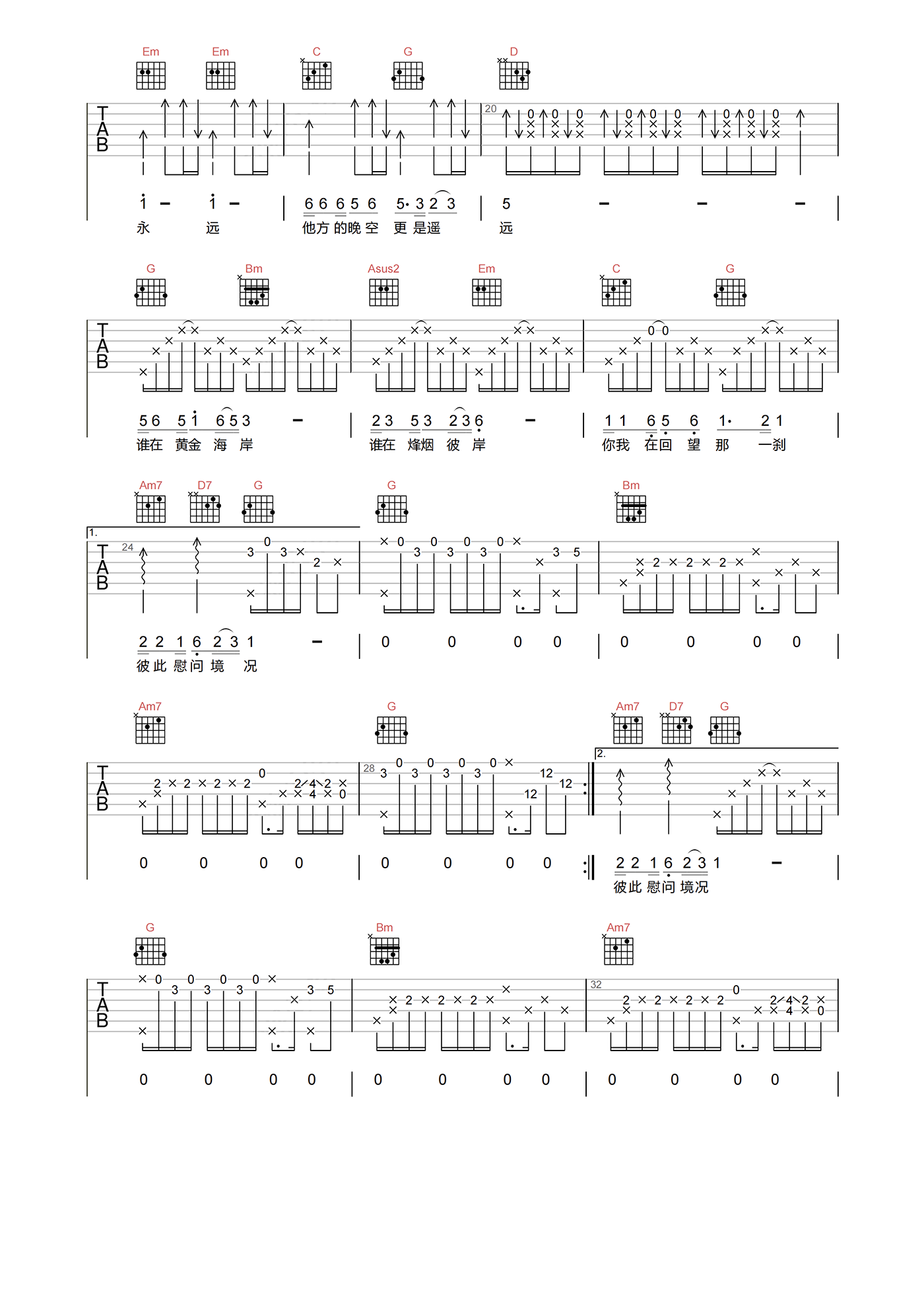 陈慧娴_人生何处不相逢_吉他谱_G调超原版