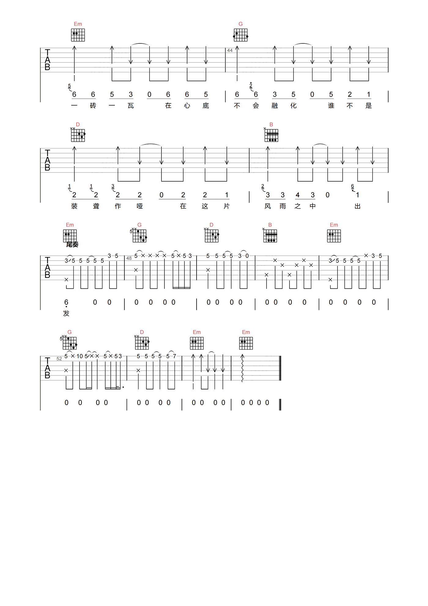 咖菲_风雨飘洒_吉他谱_G调指法吉他六线谱